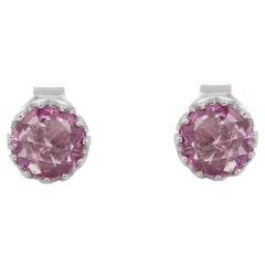 Round Cut Natural Pink Sapphire Stud Earrings in 18K White Gold