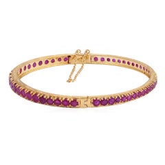 Round Cut Natural Ruby 14k Yellow Gold Openable Lock Bangle Fine Jewelry