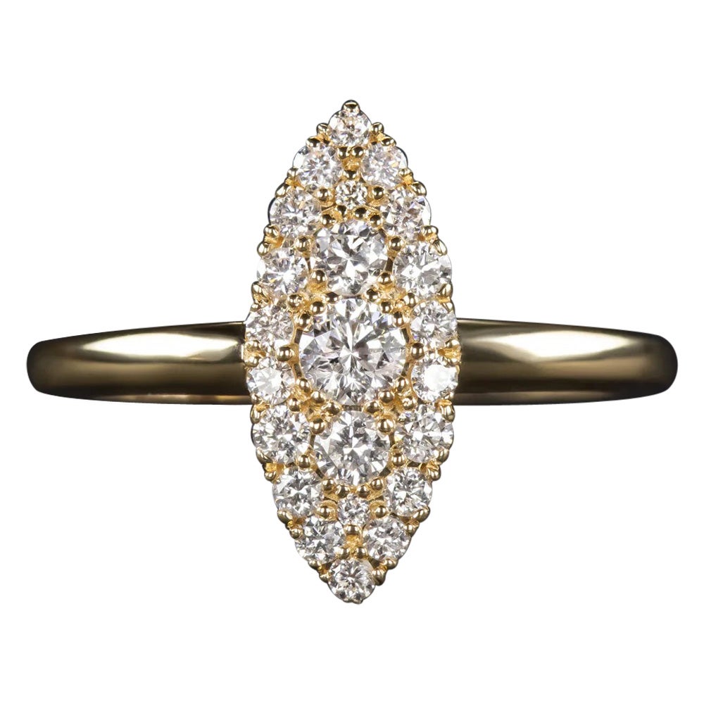 Anillo Navette Corte Redondo Forma Marquesa Anillo Oro Amarillo Estilo Vintage