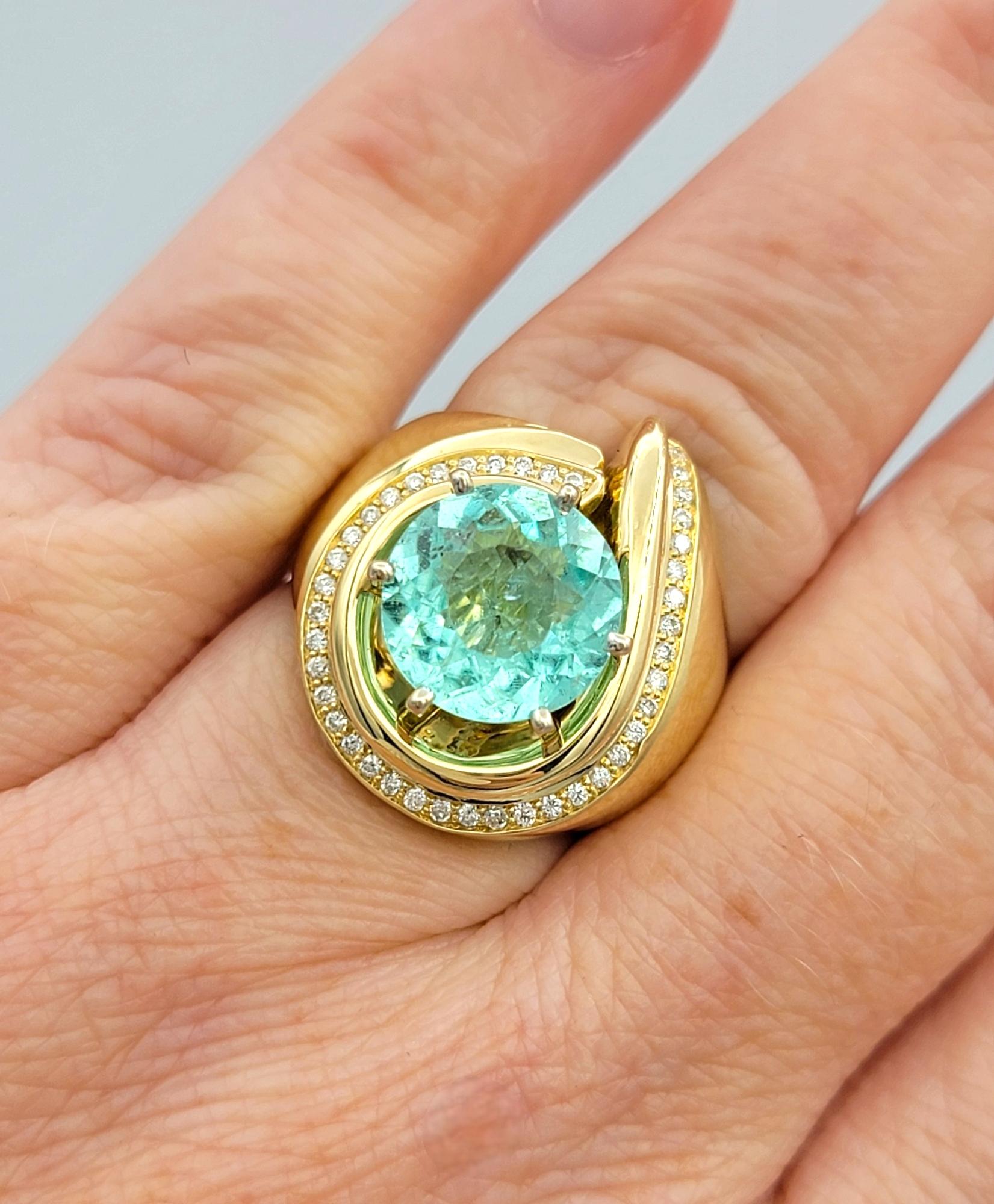 Round Cut Paraiba Tourmaline and Diamond Domed Swirl Ring 14 Karat Yellow Gold For Sale 5