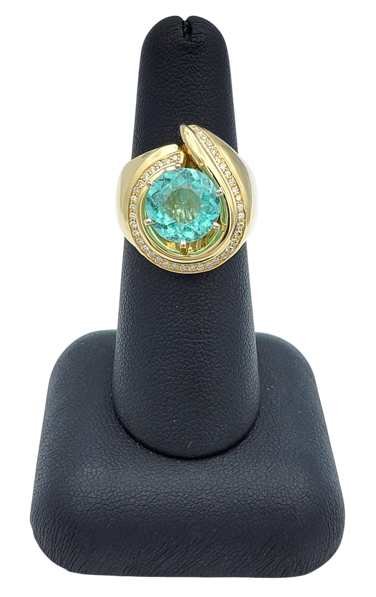 Round Cut Paraiba Tourmaline and Diamond Domed Swirl Ring 14 Karat Yellow Gold For Sale 6