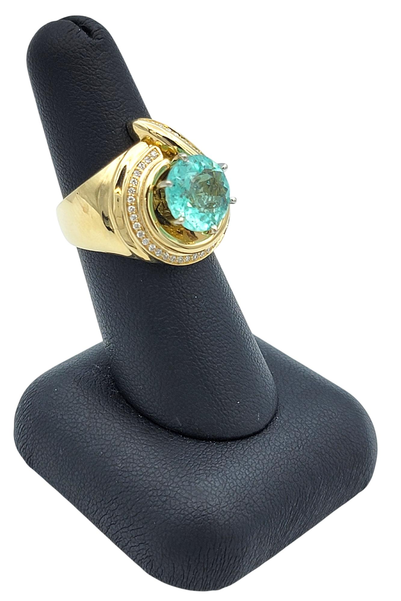 Round Cut Paraiba Tourmaline and Diamond Domed Swirl Ring 14 Karat Yellow Gold For Sale 7