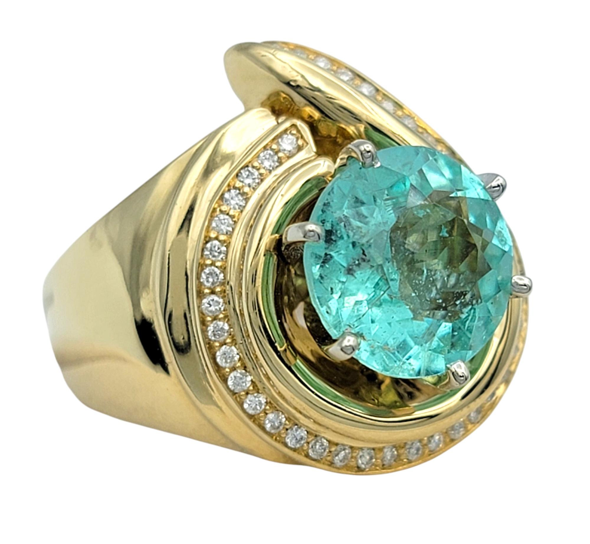 Round Cut Paraiba Tourmaline and Diamond Domed Swirl Ring 14 Karat Yellow Gold In Good Condition For Sale In Scottsdale, AZ