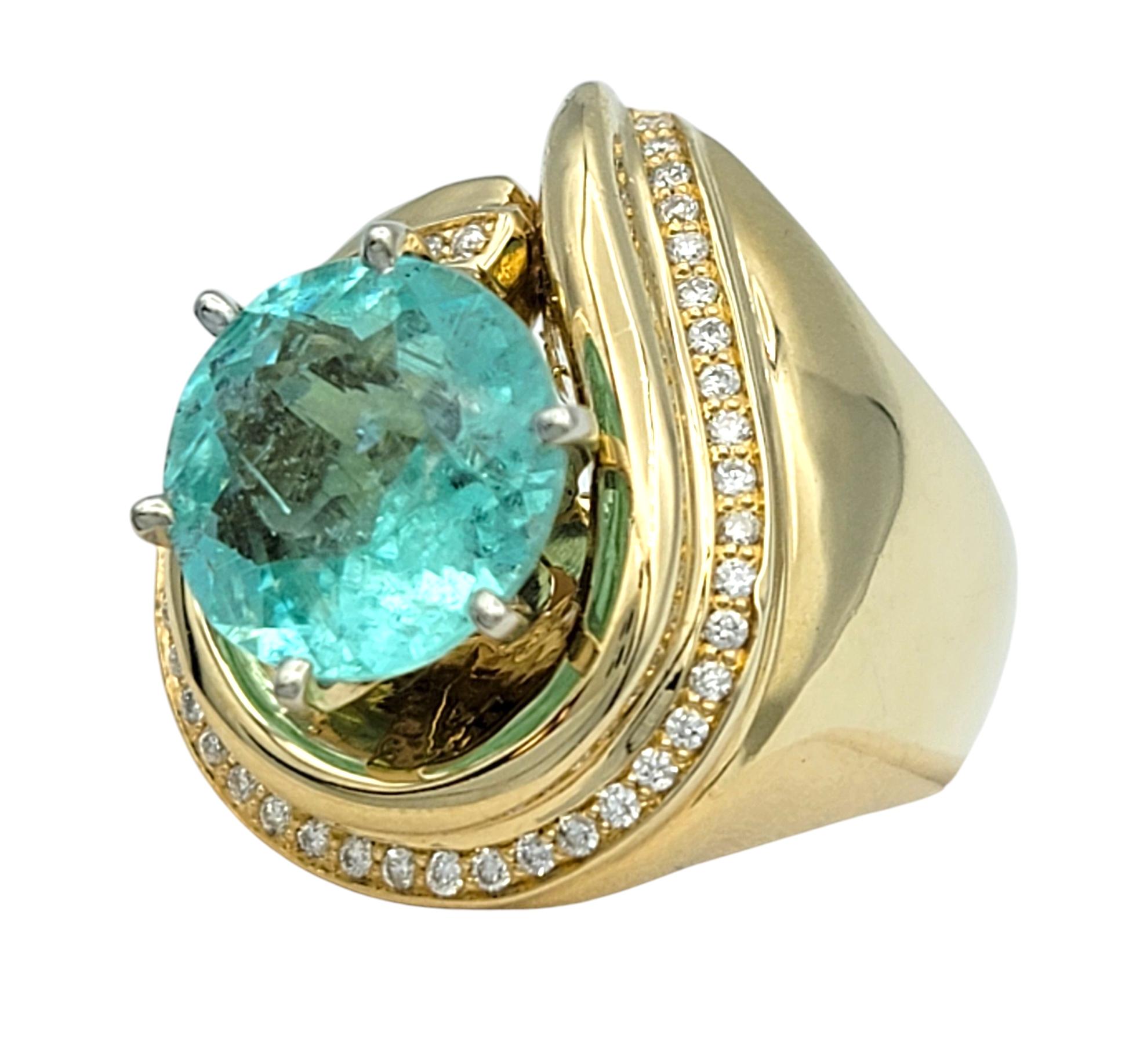 Women's Round Cut Paraiba Tourmaline and Diamond Domed Swirl Ring 14 Karat Yellow Gold For Sale