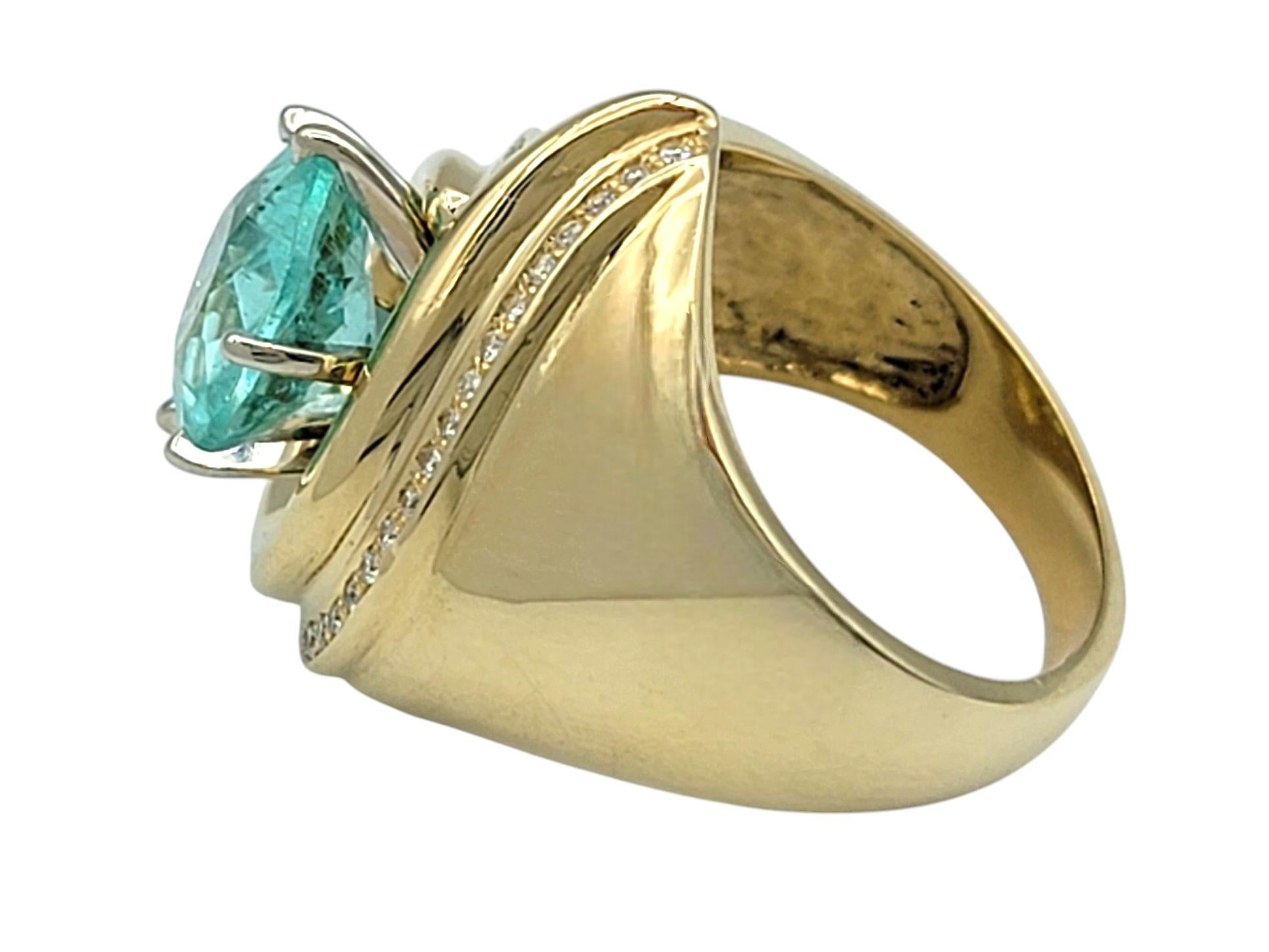 Round Cut Paraiba Tourmaline and Diamond Domed Swirl Ring 14 Karat Yellow Gold For Sale 1