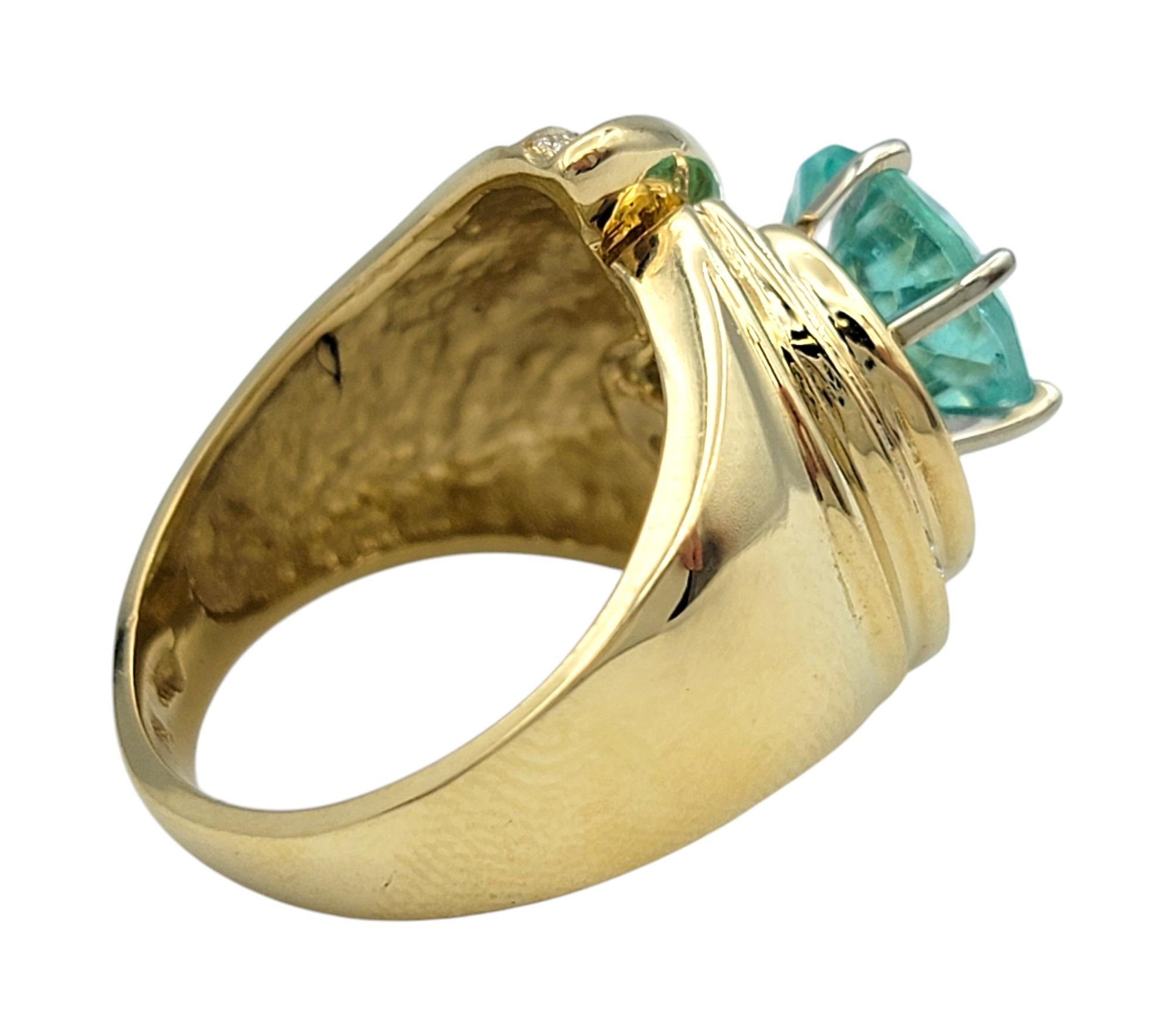 Round Cut Paraiba Tourmaline and Diamond Domed Swirl Ring 14 Karat Yellow Gold For Sale 2