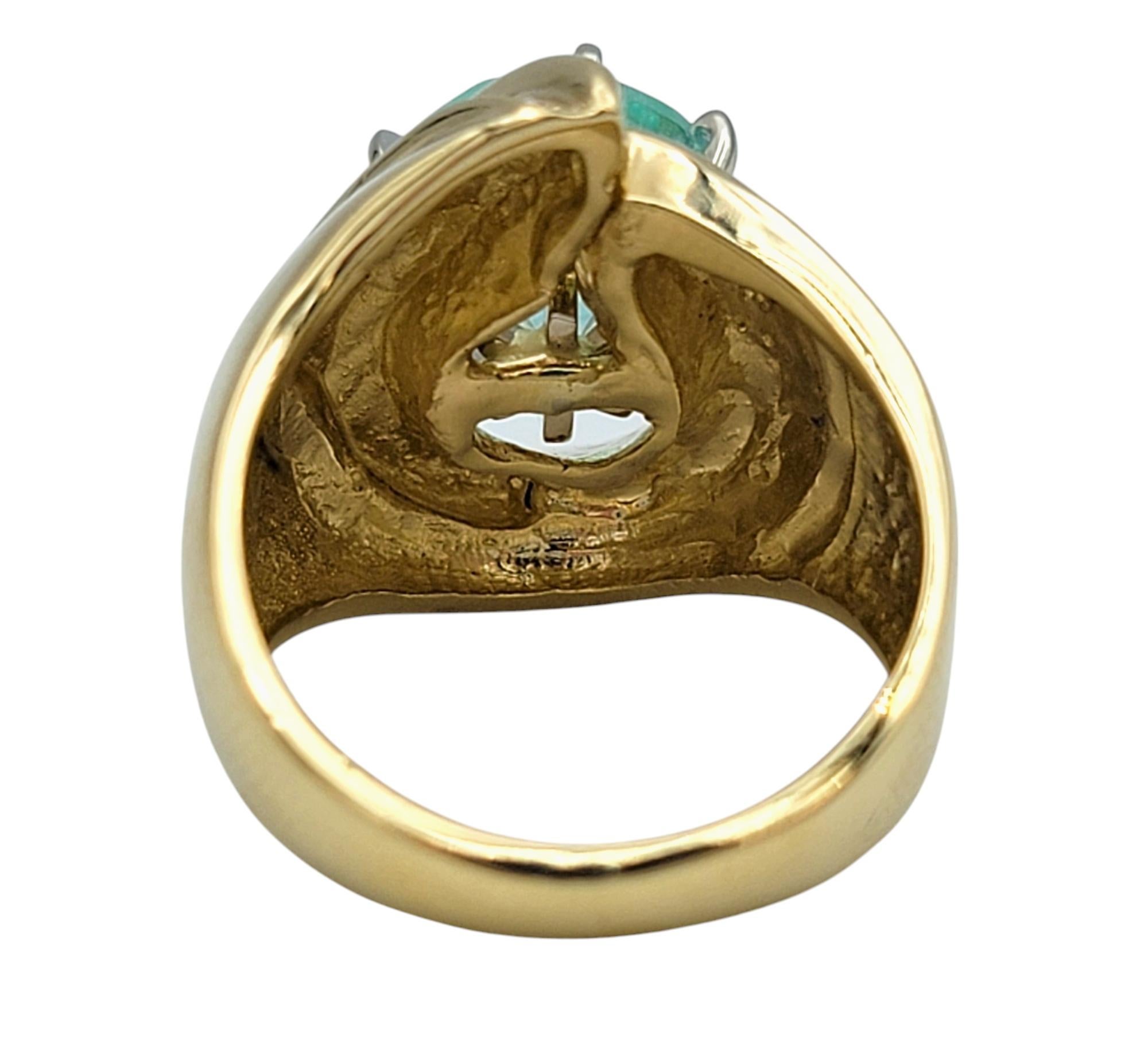 Round Cut Paraiba Tourmaline and Diamond Domed Swirl Ring 14 Karat Yellow Gold For Sale 3
