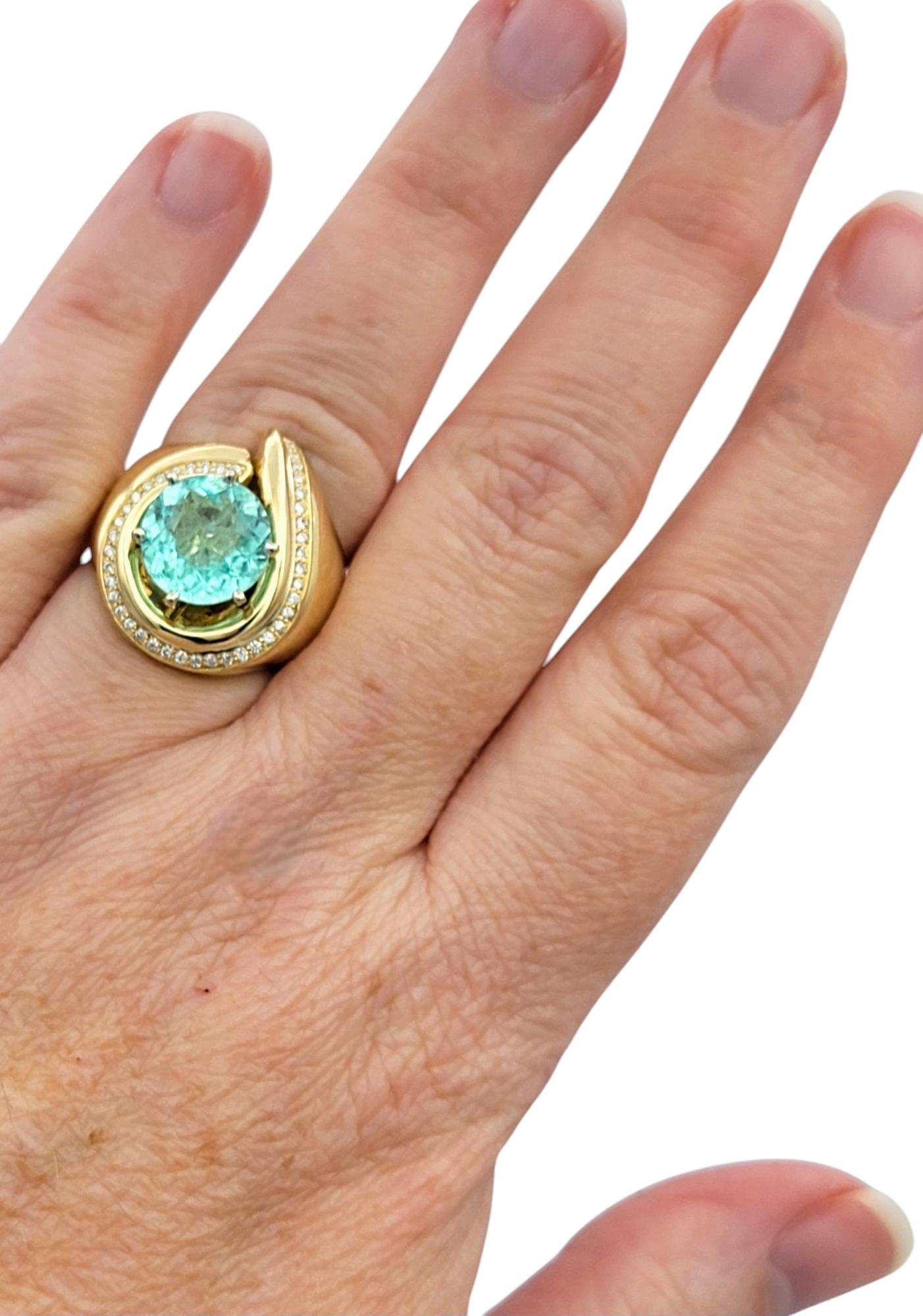 Round Cut Paraiba Tourmaline and Diamond Domed Swirl Ring 14 Karat Yellow Gold For Sale 4