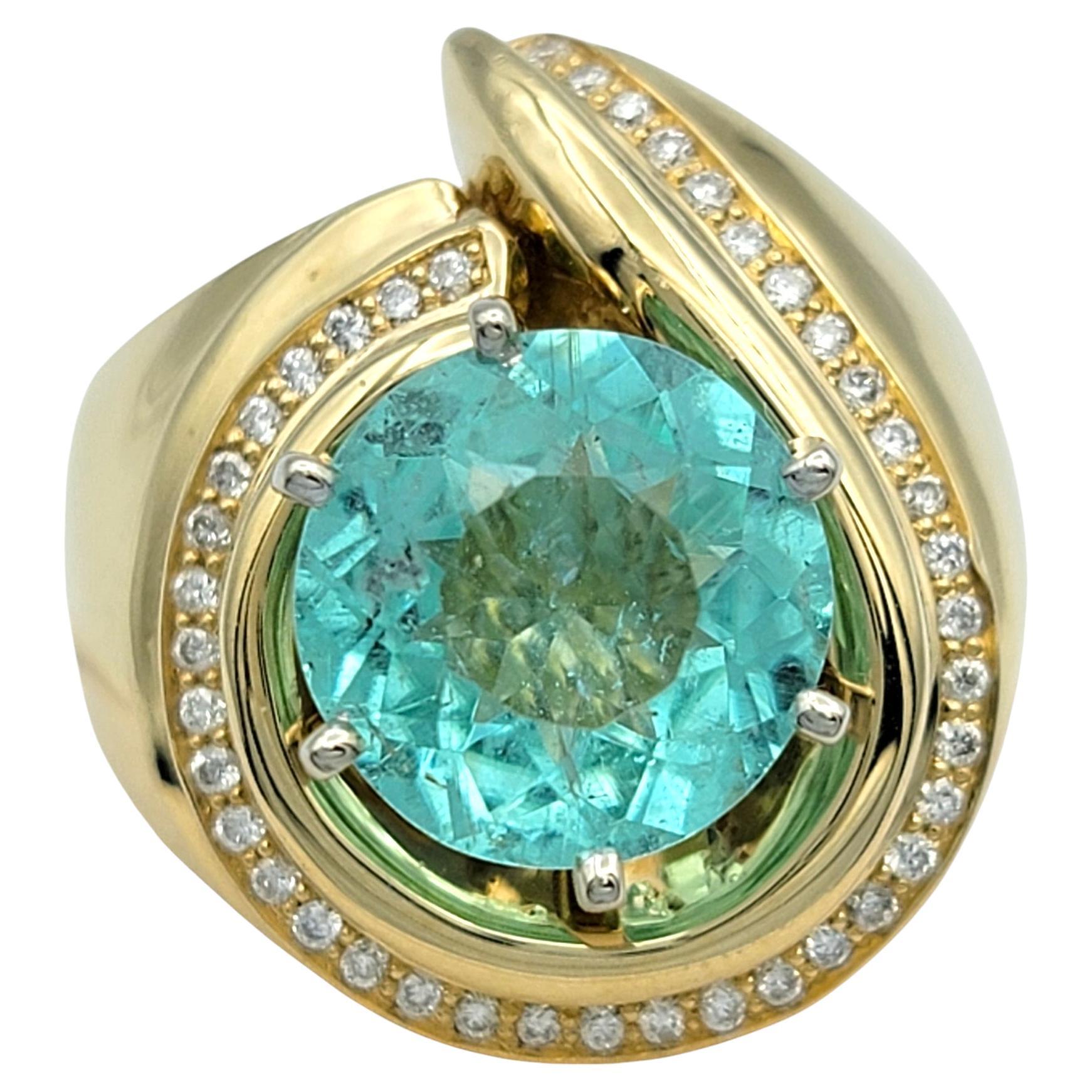 Round Cut Paraiba Tourmaline and Diamond Domed Swirl Ring 14 Karat Yellow Gold For Sale