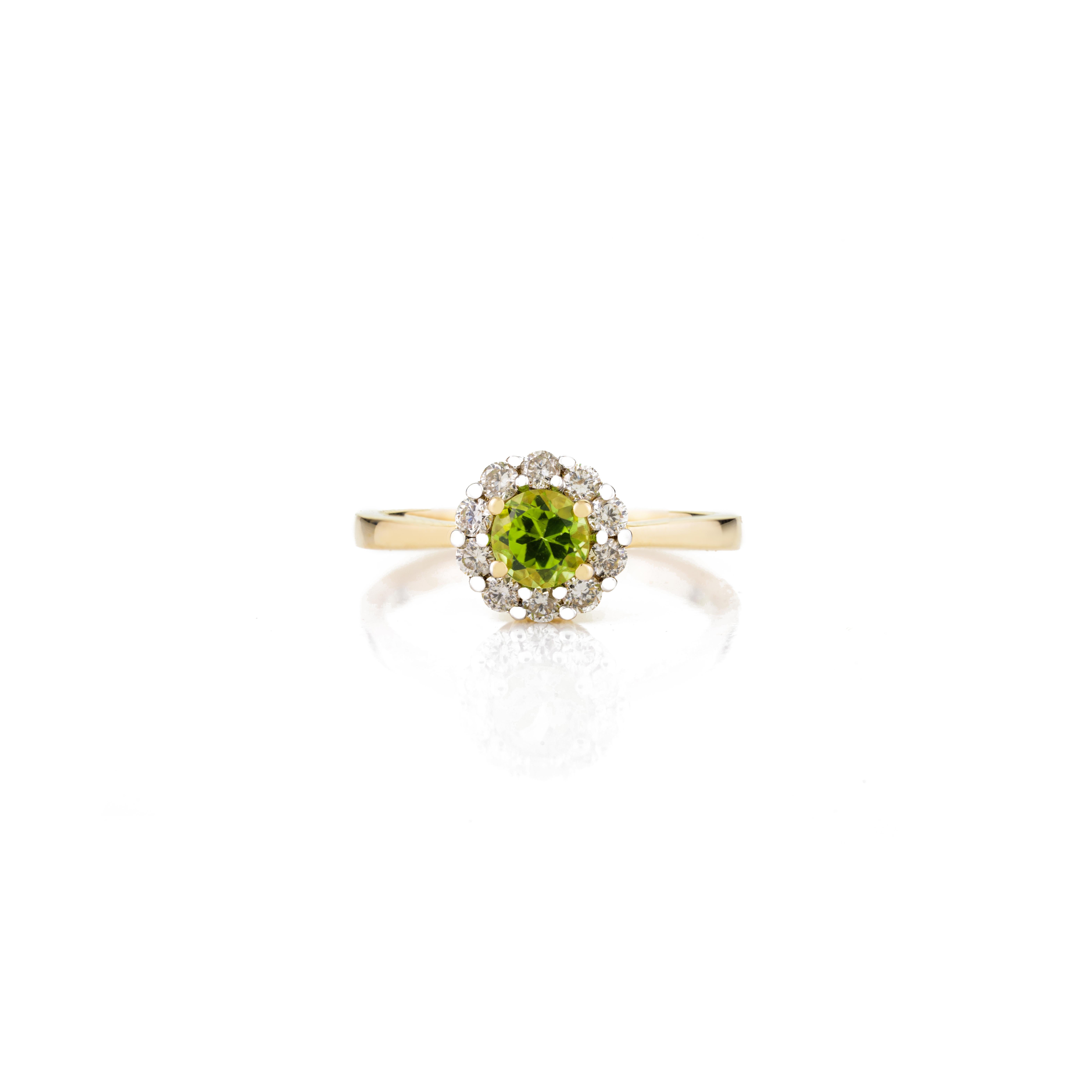 Im Angebot: Rundschliff Peridot Everyday Ring mit Halo aus 14k massivem Gelbgold mit Diamanten im Rundschliff () 10