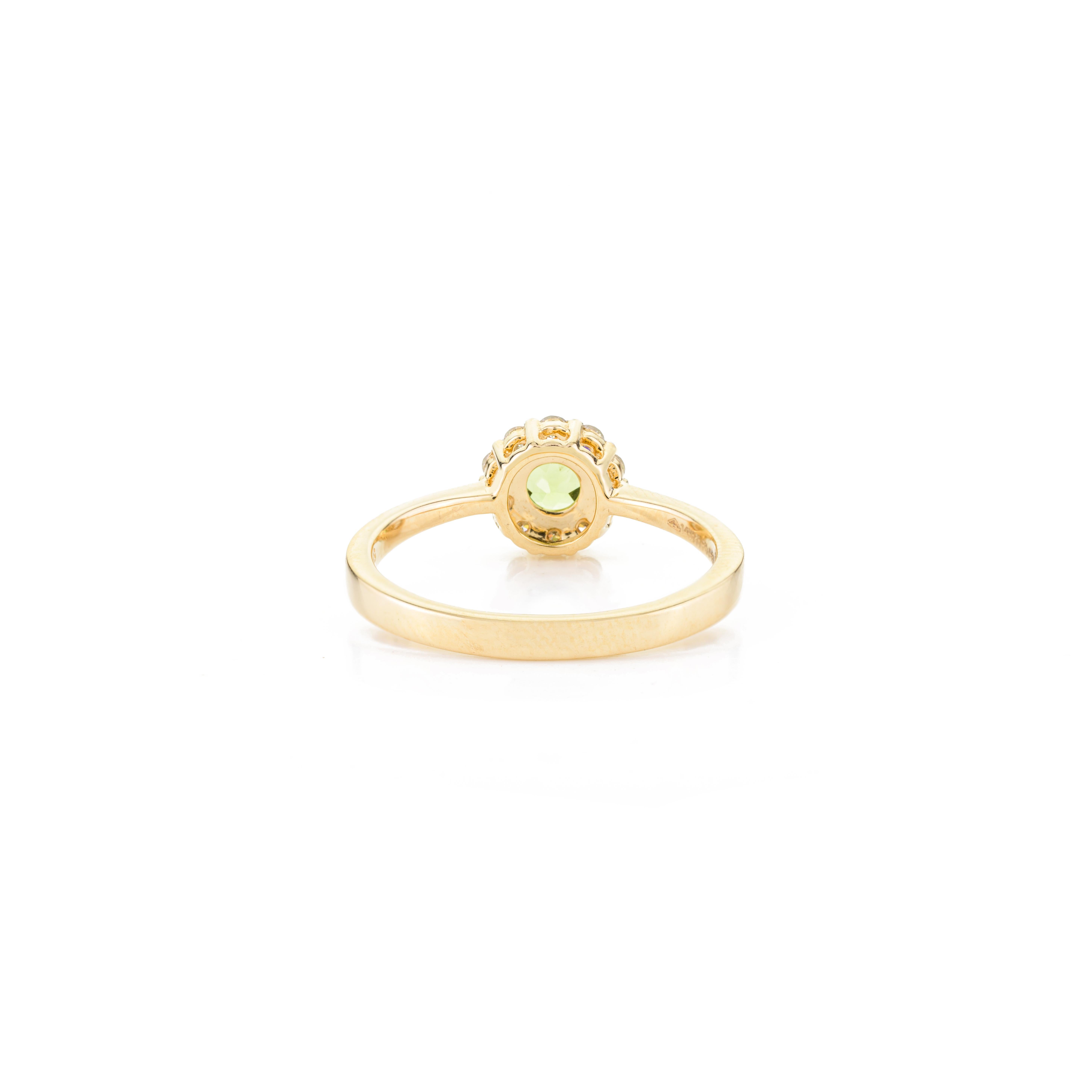 Im Angebot: Rundschliff Peridot Everyday Ring mit Halo aus 14k massivem Gelbgold mit Diamanten im Rundschliff () 5