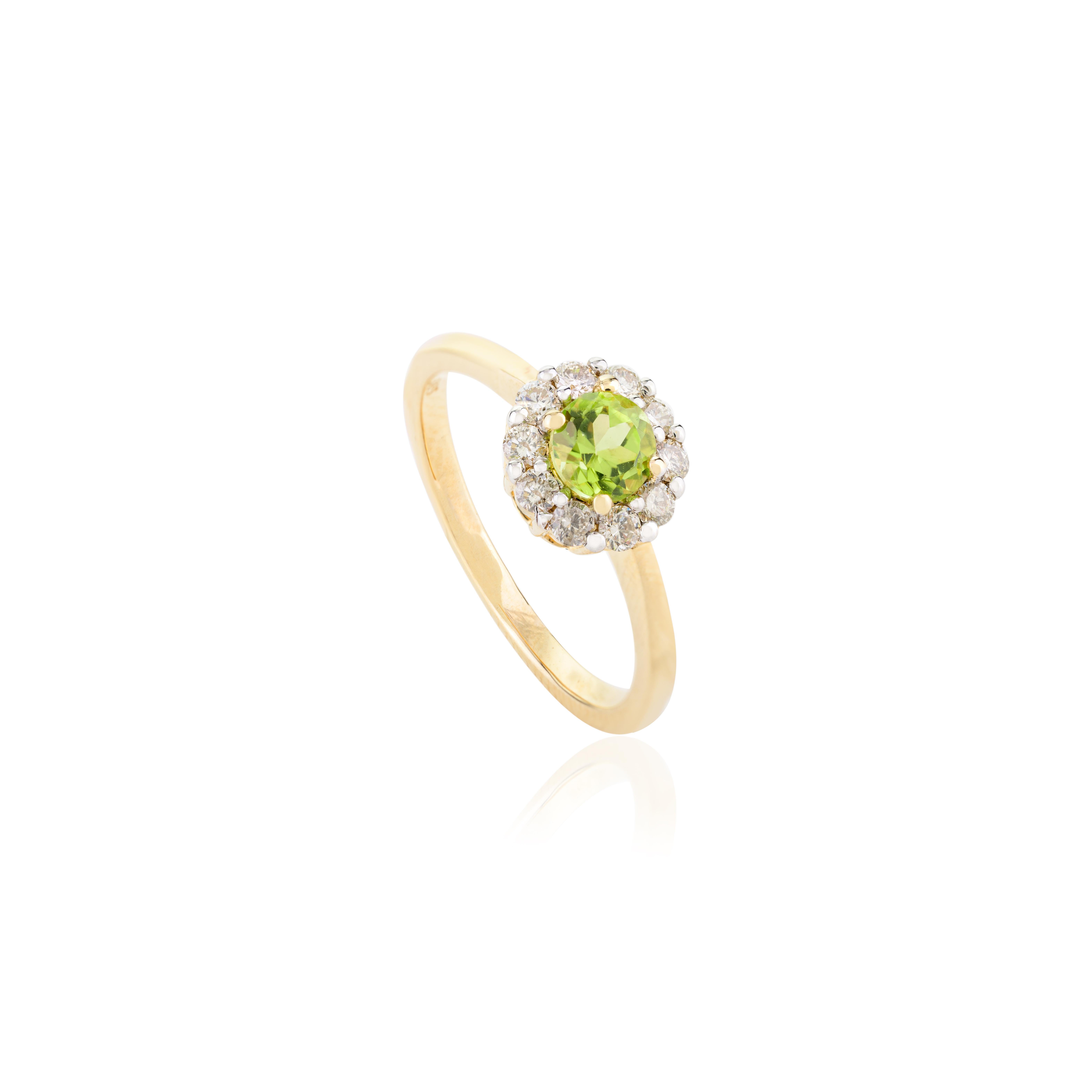 Im Angebot: Rundschliff Peridot Everyday Ring mit Halo aus 14k massivem Gelbgold mit Diamanten im Rundschliff () 7