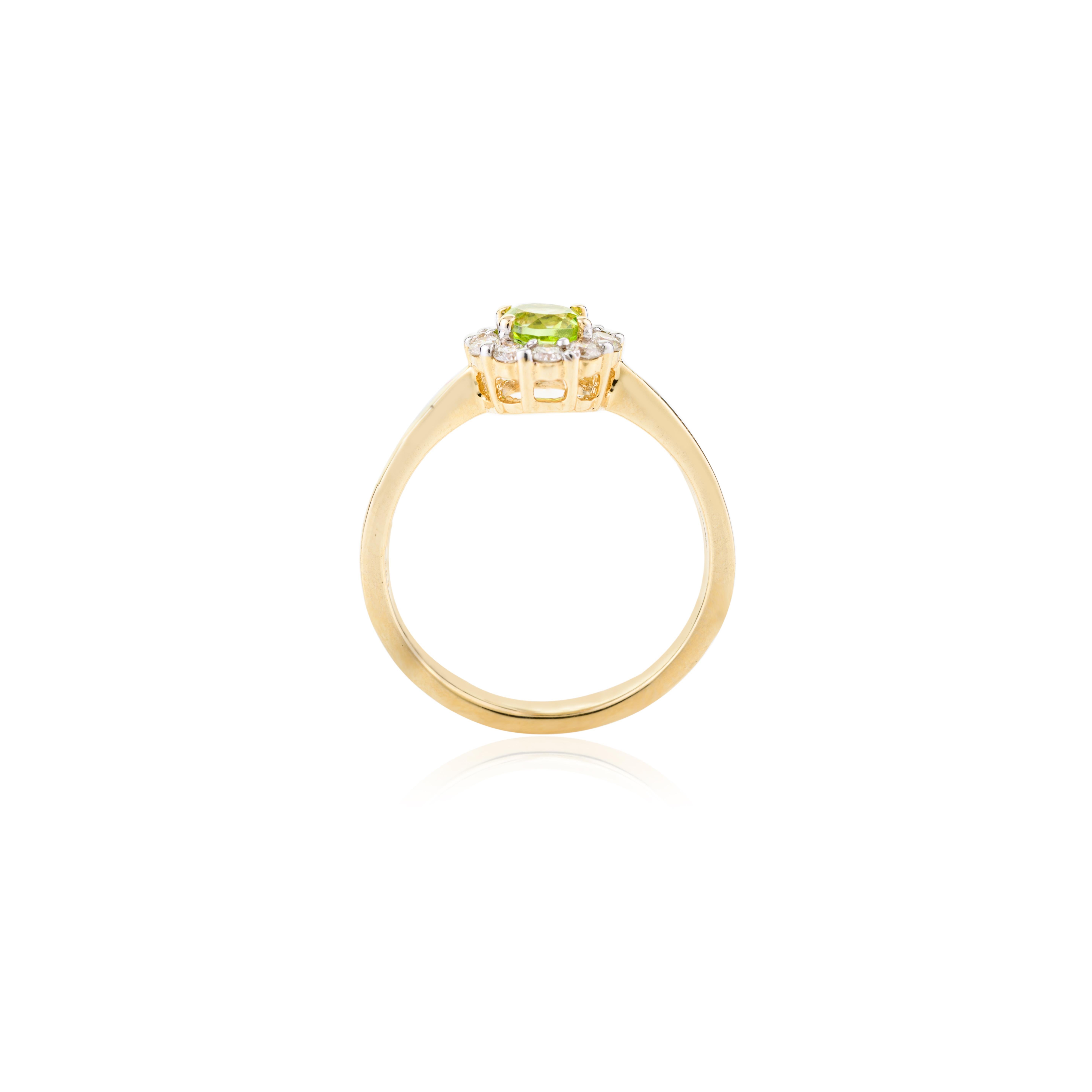 Im Angebot: Rundschliff Peridot Everyday Ring mit Halo aus 14k massivem Gelbgold mit Diamanten im Rundschliff () 8