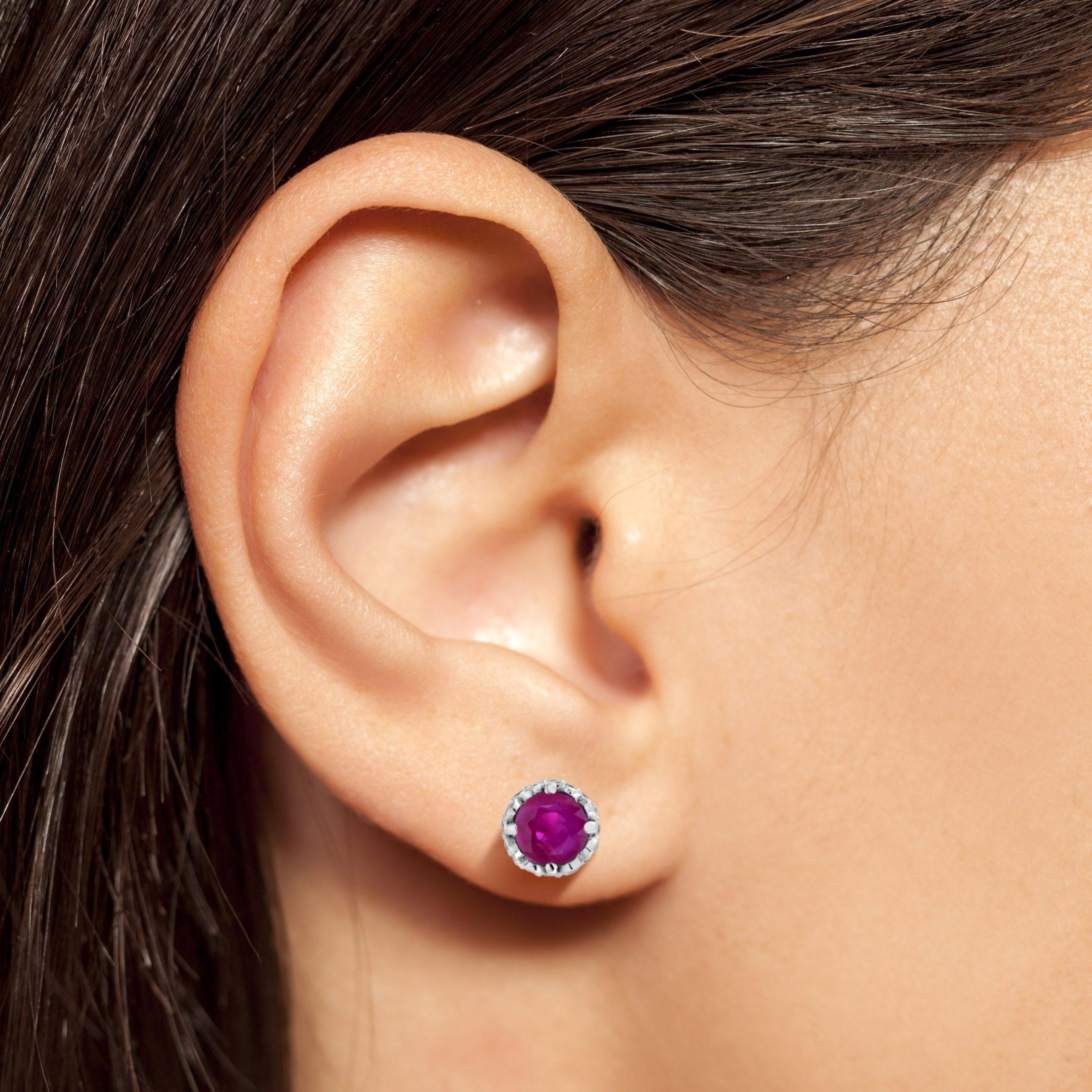 Women's Round Cut Pink Red Ruby & Diamond Solitaire Stud 14K White Gold Earrings For Sale