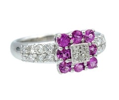 Round Cut Pink Sapphire and Diamond Flower Motif Band Ring 18 Karat White Gold
