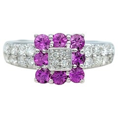 Round Cut Pink Sapphire and Diamond Flower Motif Band Ring 18 Karat White Gold