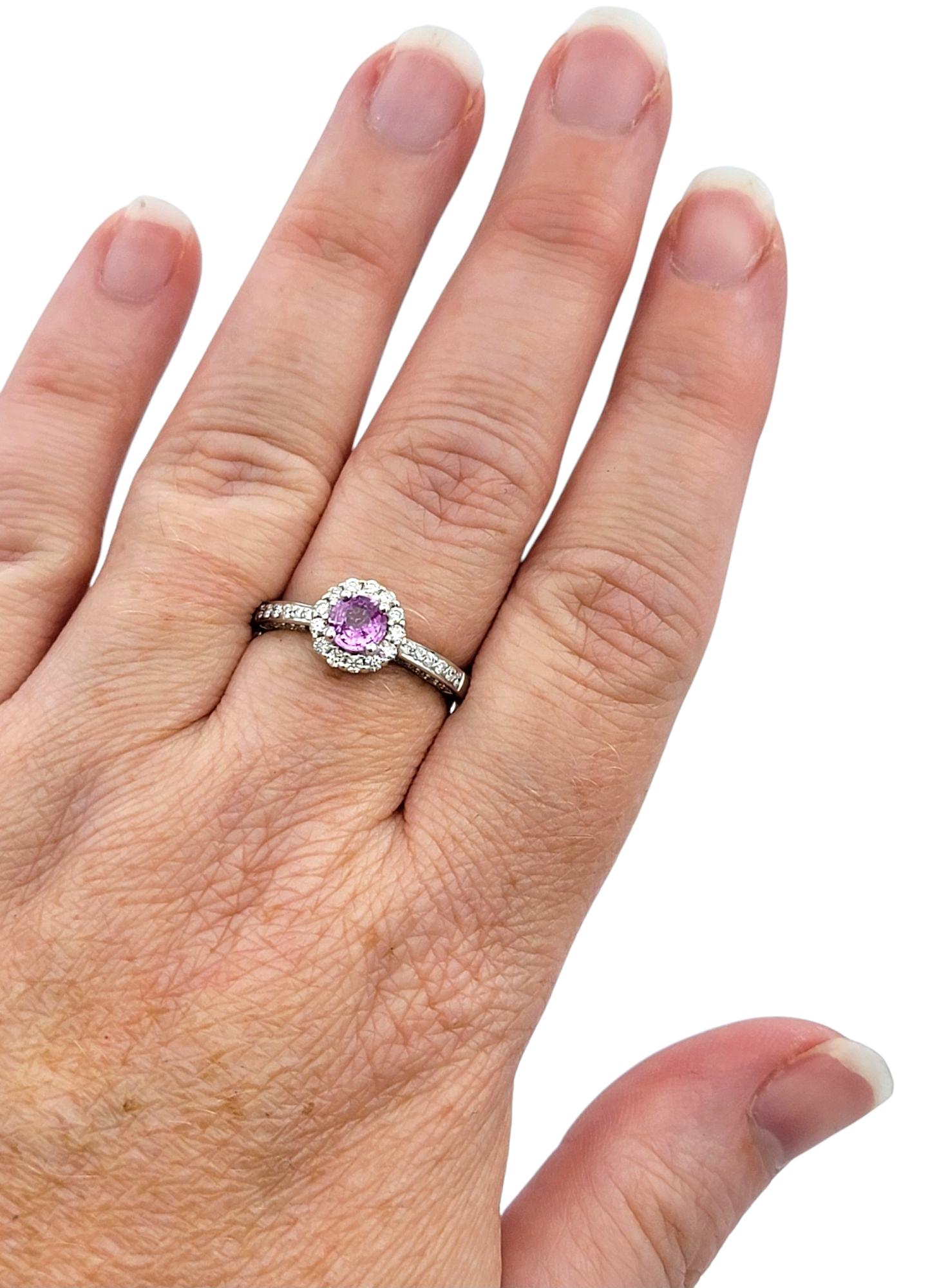 Round Cut Pink Sapphire and Pavé Diamond Halo Ring in 14 Karat White Gold For Sale 5