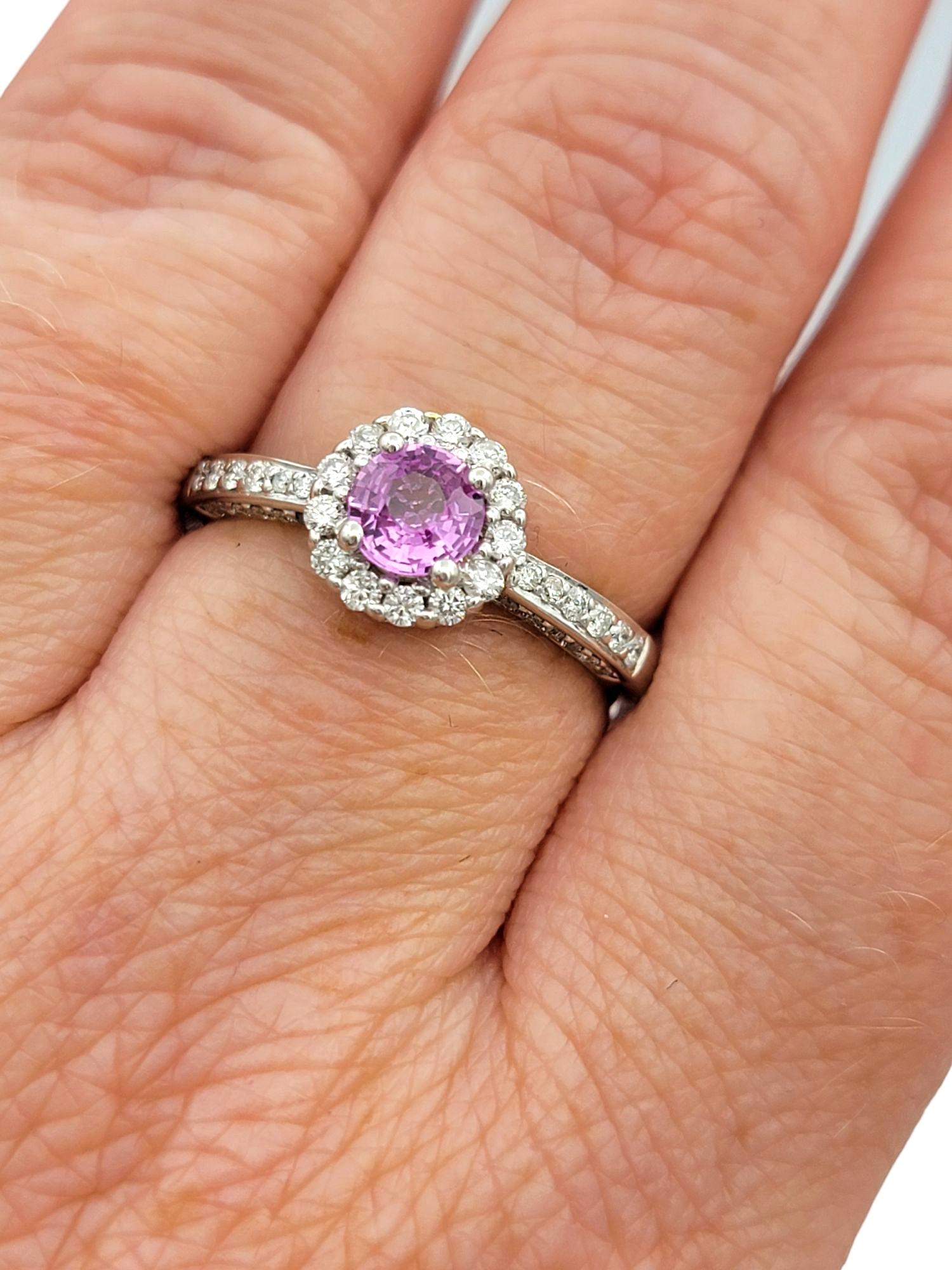 Round Cut Pink Sapphire and Pavé Diamond Halo Ring in 14 Karat White Gold For Sale 6