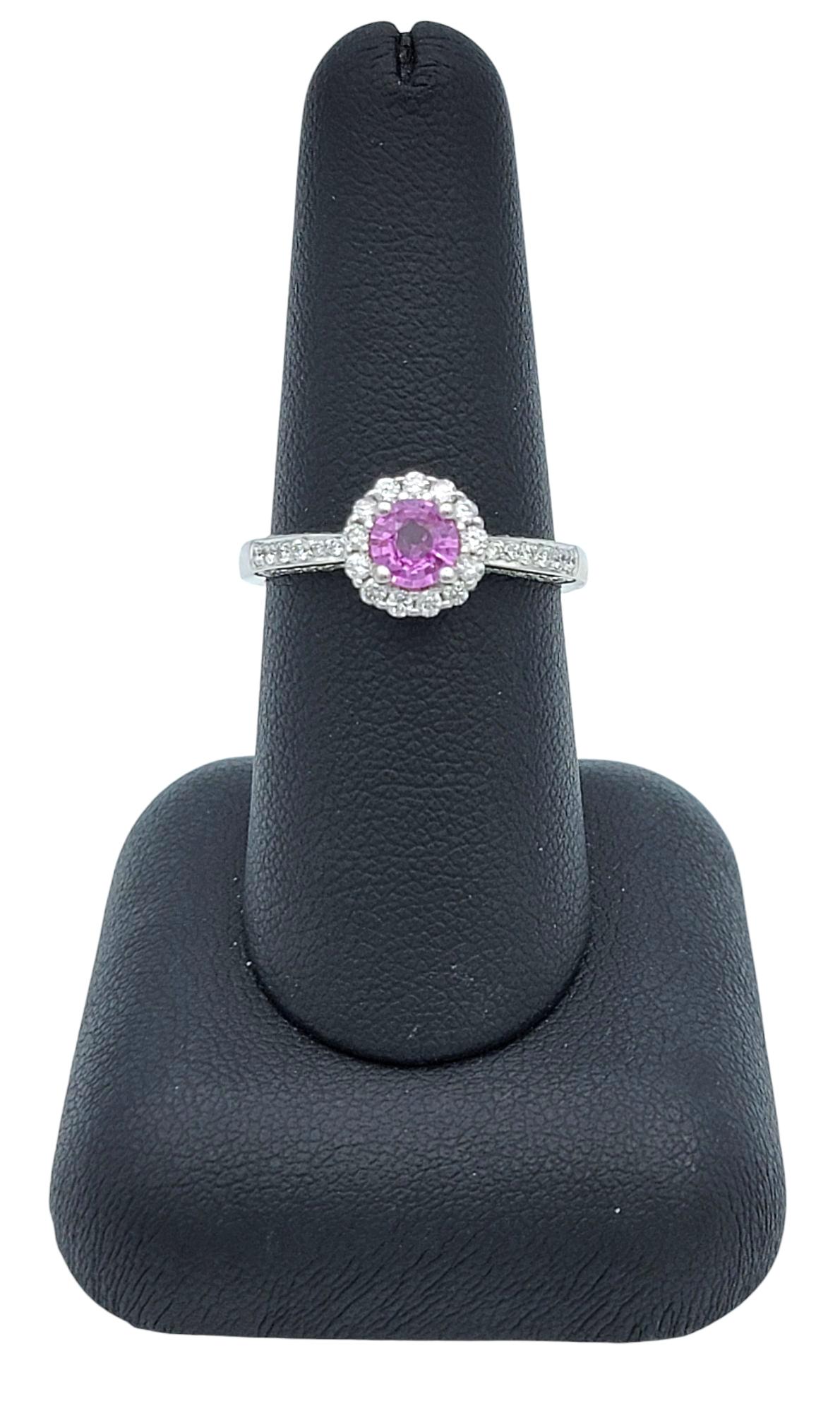 Round Cut Pink Sapphire and Pavé Diamond Halo Ring in 14 Karat White Gold For Sale 7