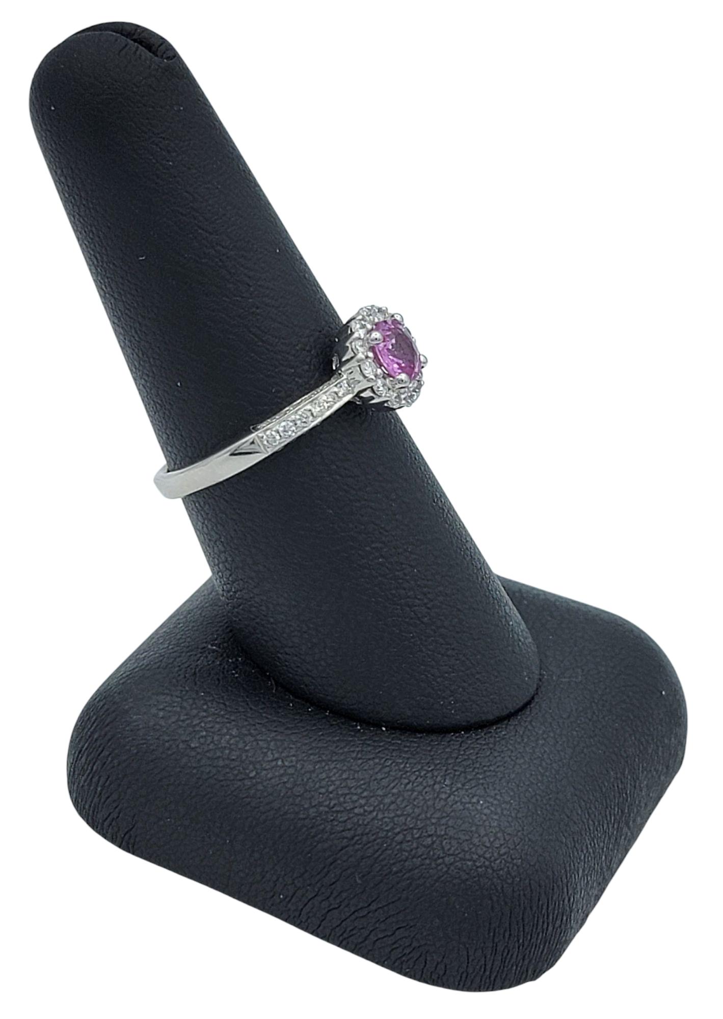 Round Cut Pink Sapphire and Pavé Diamond Halo Ring in 14 Karat White Gold For Sale 8