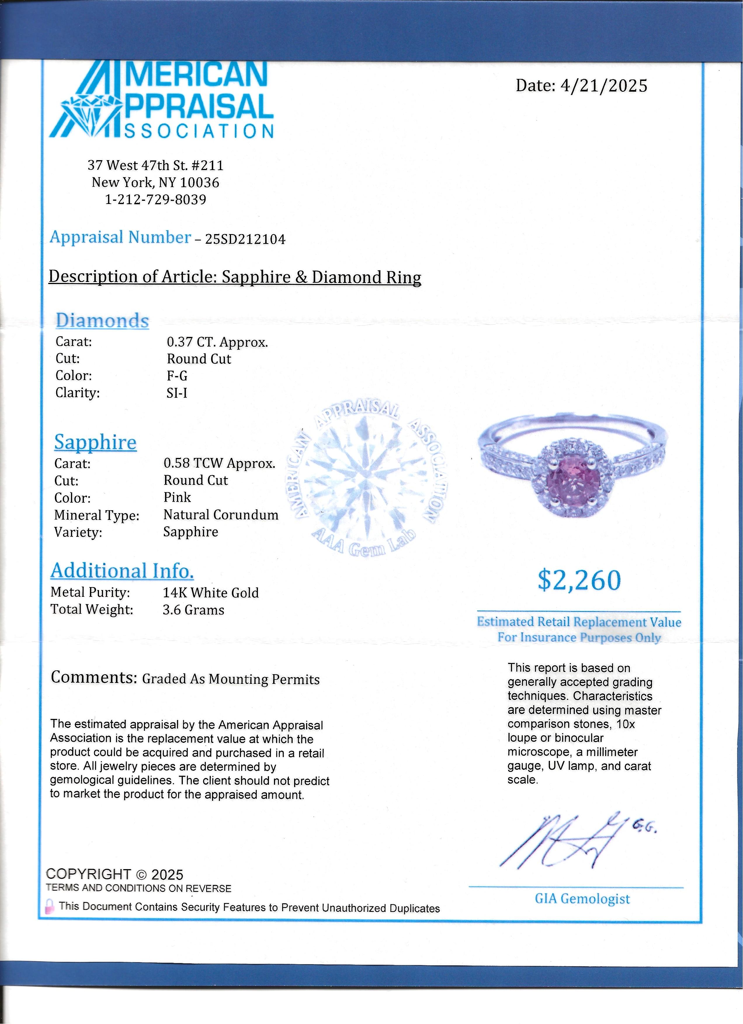 Round Cut Pink Sapphire and Pavé Diamond Halo Ring in 14 Karat White Gold For Sale 9