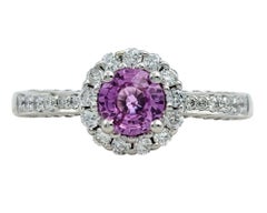Round Cut Pink Sapphire and Pavé Diamond Halo Ring in 14 Karat White Gold