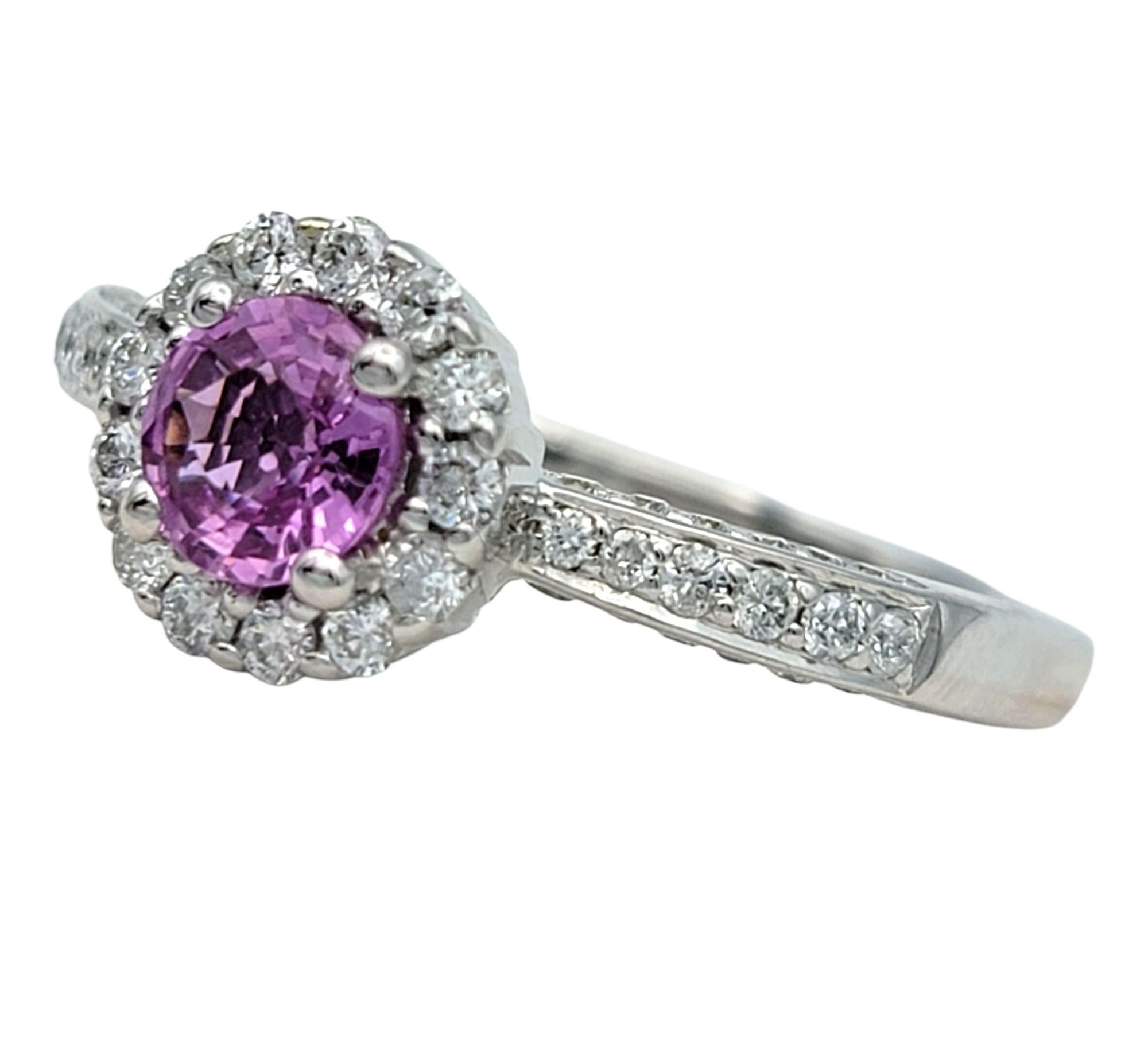 Round Cut Pink Sapphire and Pavé Diamond Halo Ring in 14 Karat White Gold In Good Condition For Sale In Scottsdale, AZ