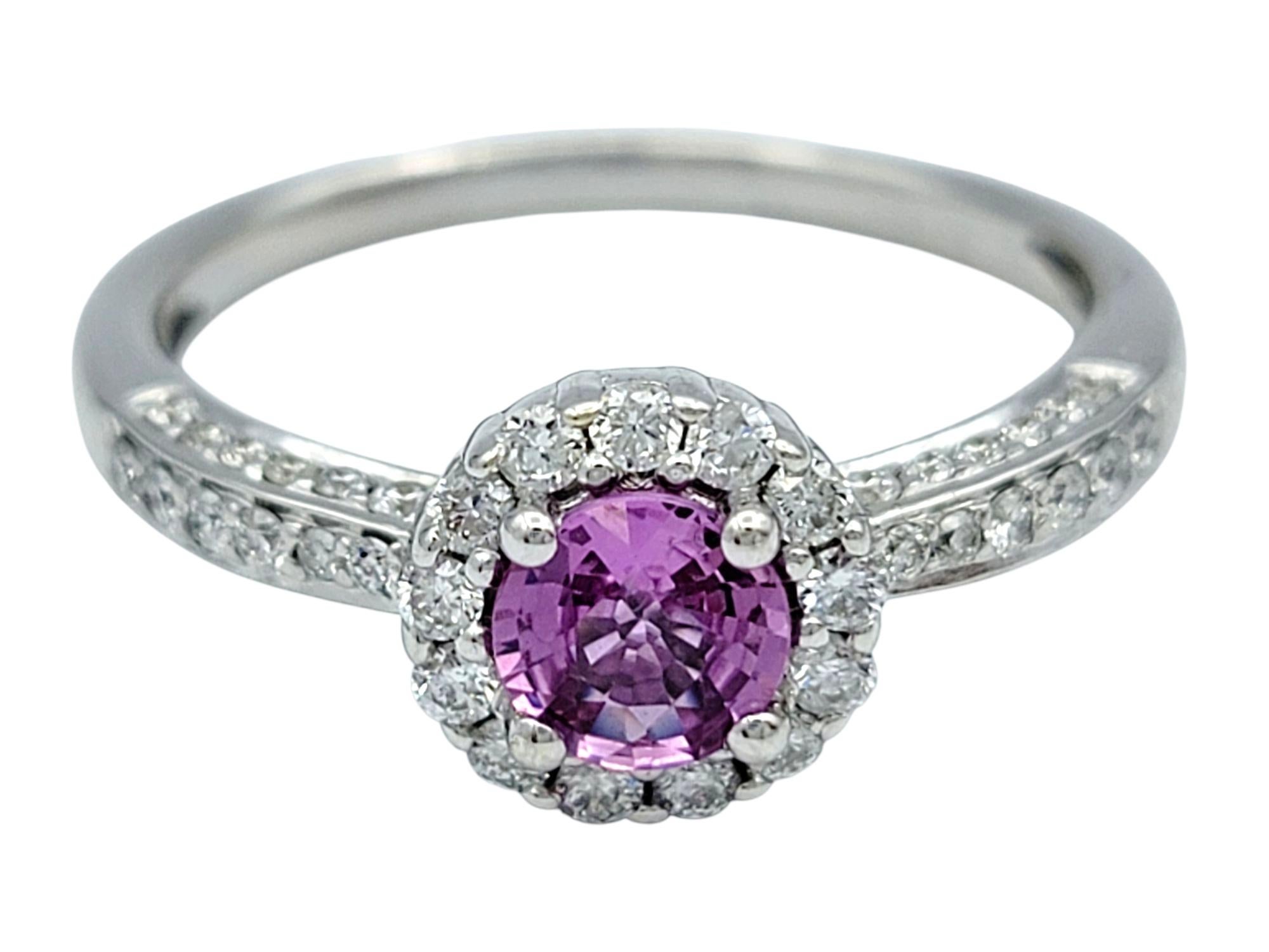 Women's Round Cut Pink Sapphire and Pavé Diamond Halo Ring in 14 Karat White Gold For Sale