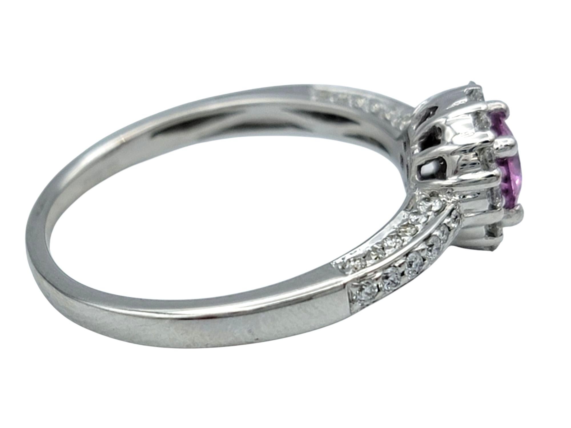 Round Cut Pink Sapphire and Pavé Diamond Halo Ring in 14 Karat White Gold For Sale 2