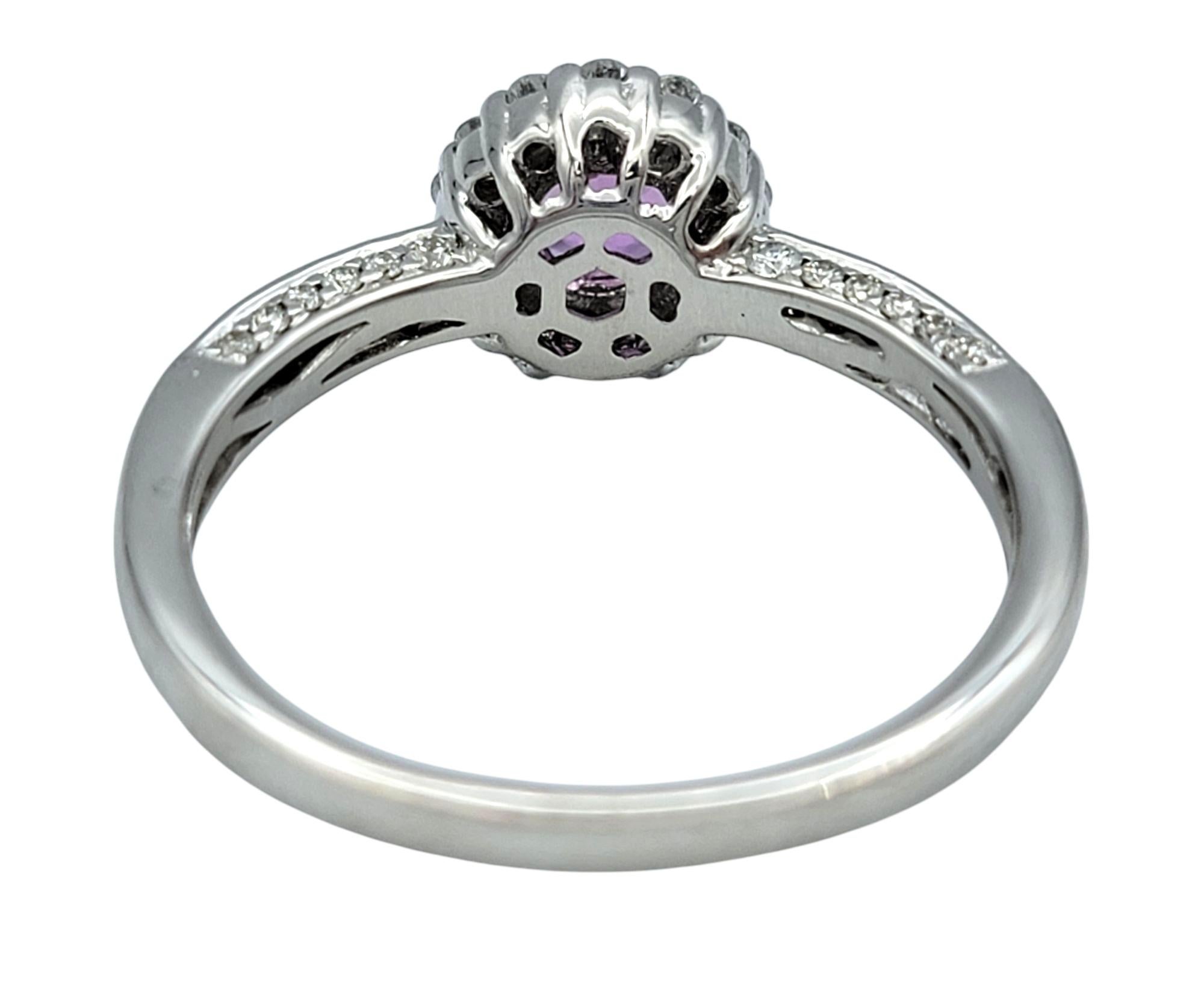 Round Cut Pink Sapphire and Pavé Diamond Halo Ring in 14 Karat White Gold For Sale 3