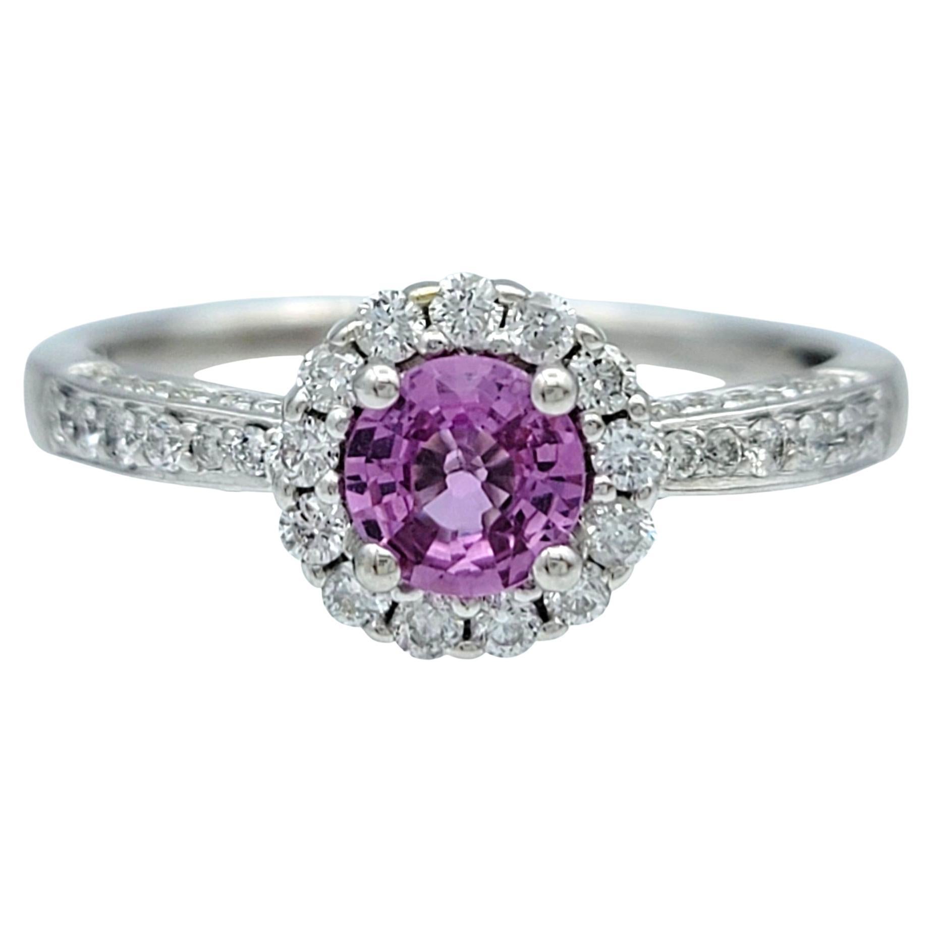 Round Cut Pink Sapphire and Pavé Diamond Halo Ring in 14 Karat White Gold