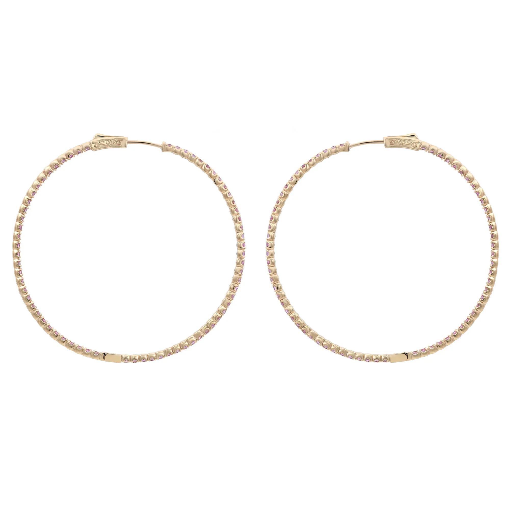 Modern Round Cut Pink Sapphire Inside Out Hoop Earrings 14K Yellow Gold 4.39Ctw For Sale