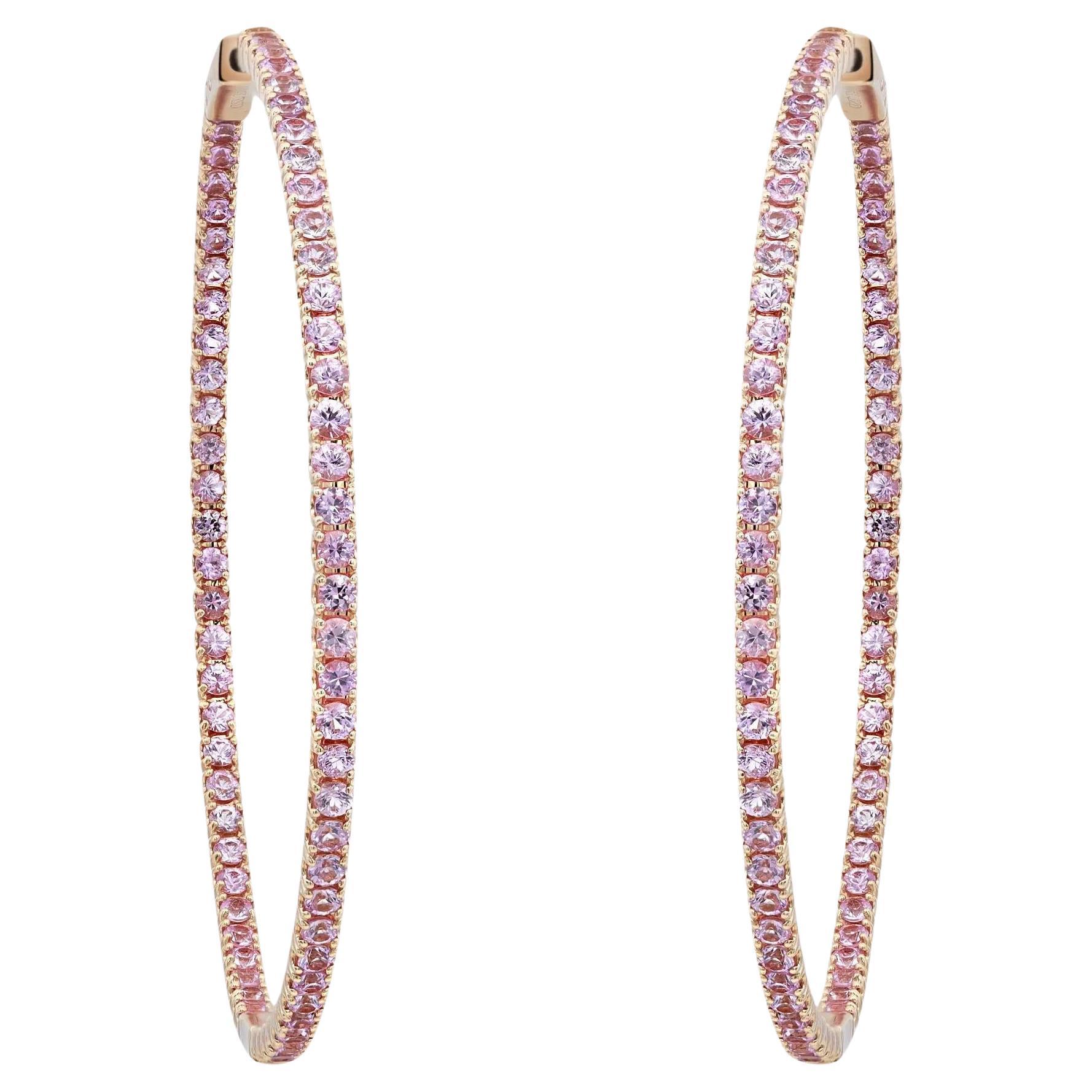Round Cut Pink Sapphire Inside Out Hoop Earrings 14K Yellow Gold 4.39Ctw For Sale
