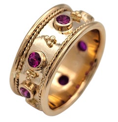 Round Cut Pink Sapphire Wide Band Ring with Milgrain Detail 18 Karat Rose Gold