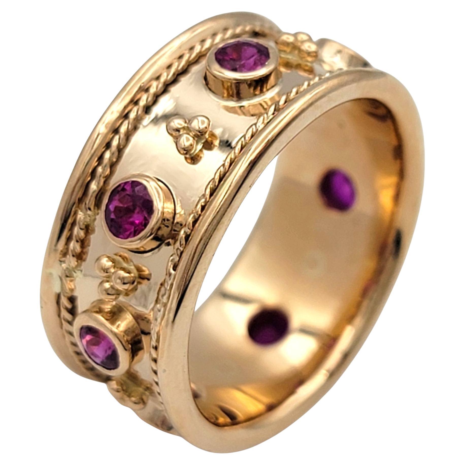Round Cut Pink Sapphire Wide Band Ring with Milgrain Detail 18 Karat Rose Gold