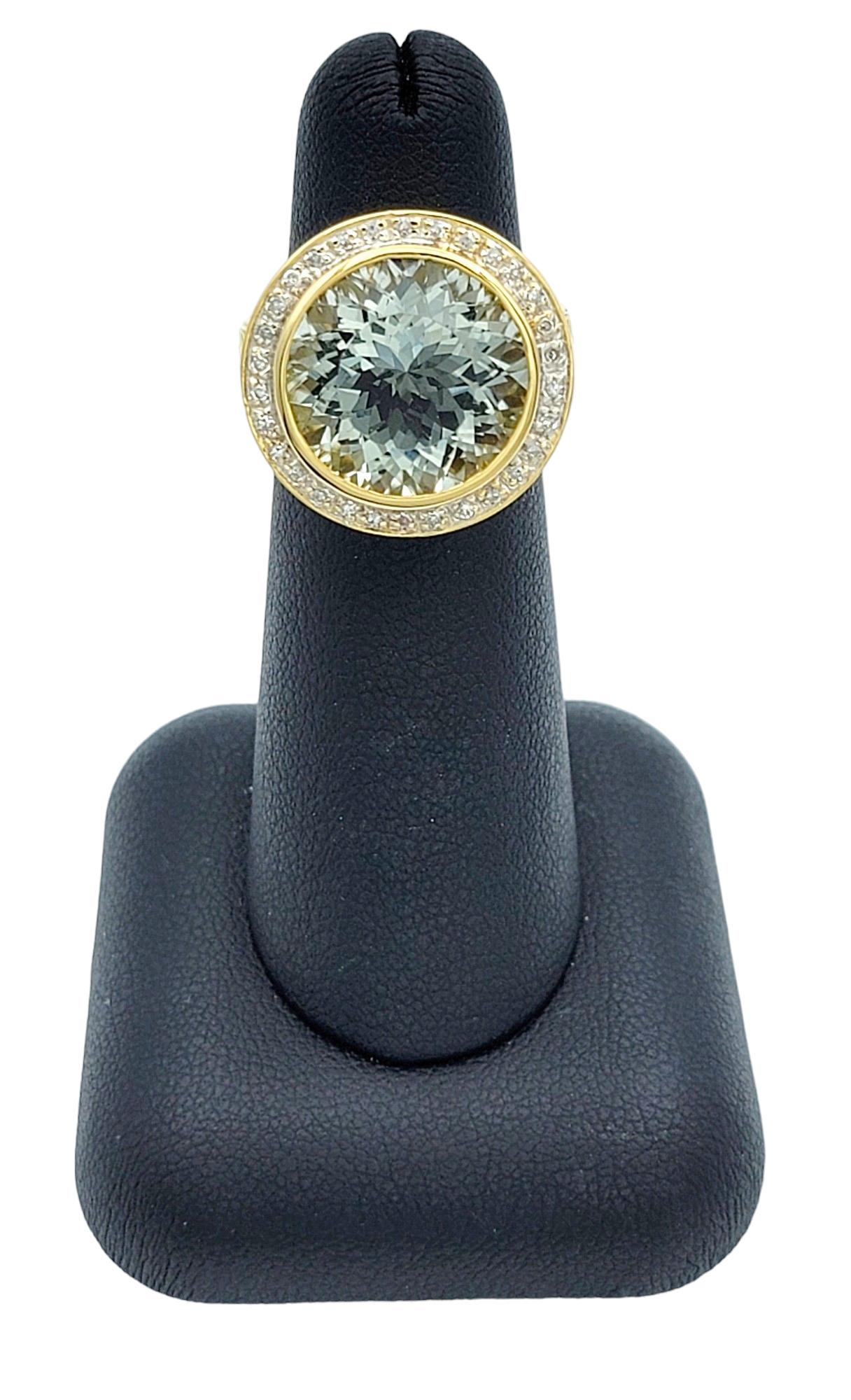 Round Cut Prasiolite and Diamond Halo Cocktail Ring Set in 14 Karat Yellow Gold For Sale 5