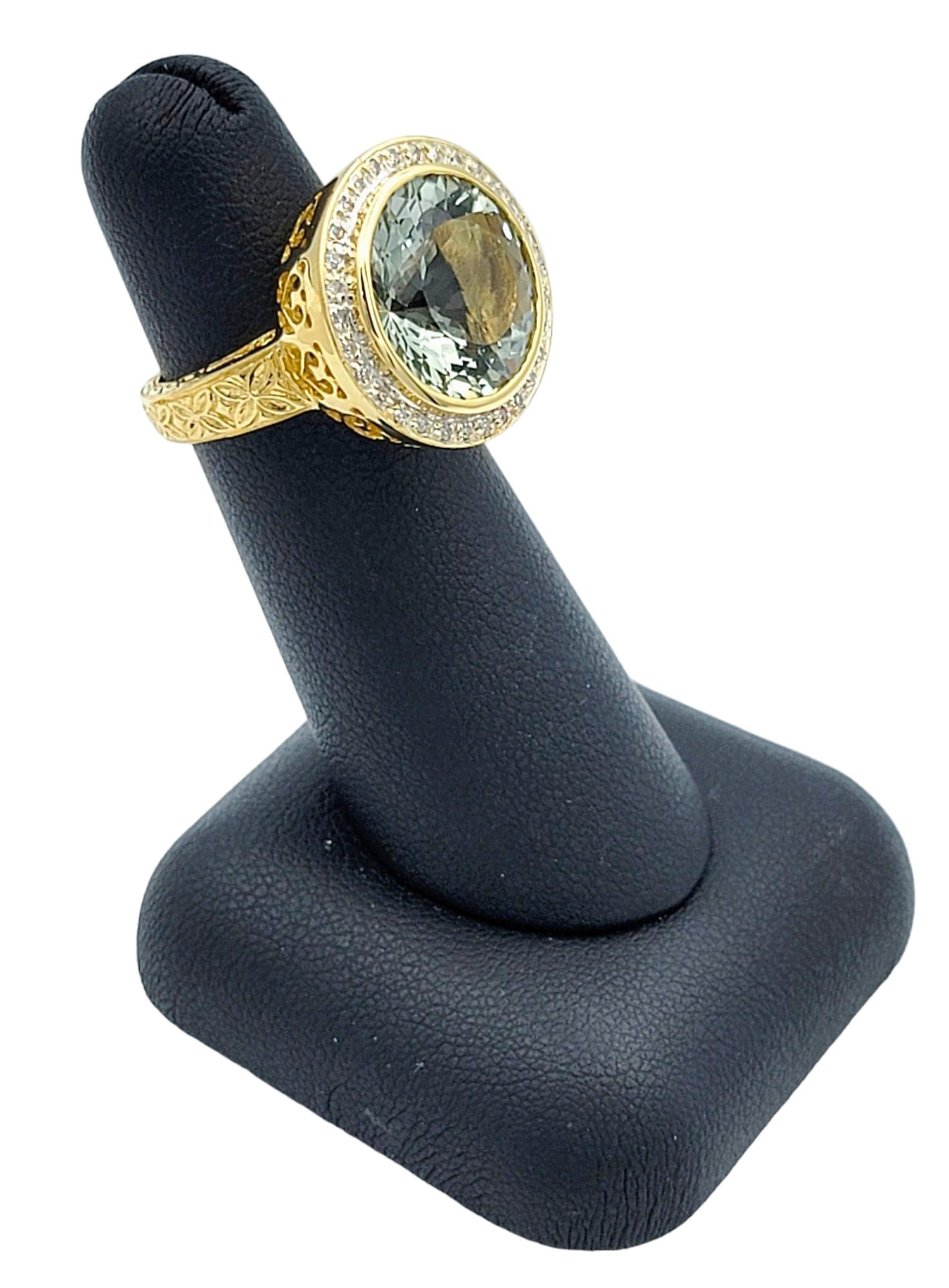 Round Cut Prasiolite and Diamond Halo Cocktail Ring Set in 14 Karat Yellow Gold For Sale 6