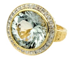 Round Cut Prasiolite and Diamond Halo Cocktail Ring Set in 14 Karat Yellow Gold