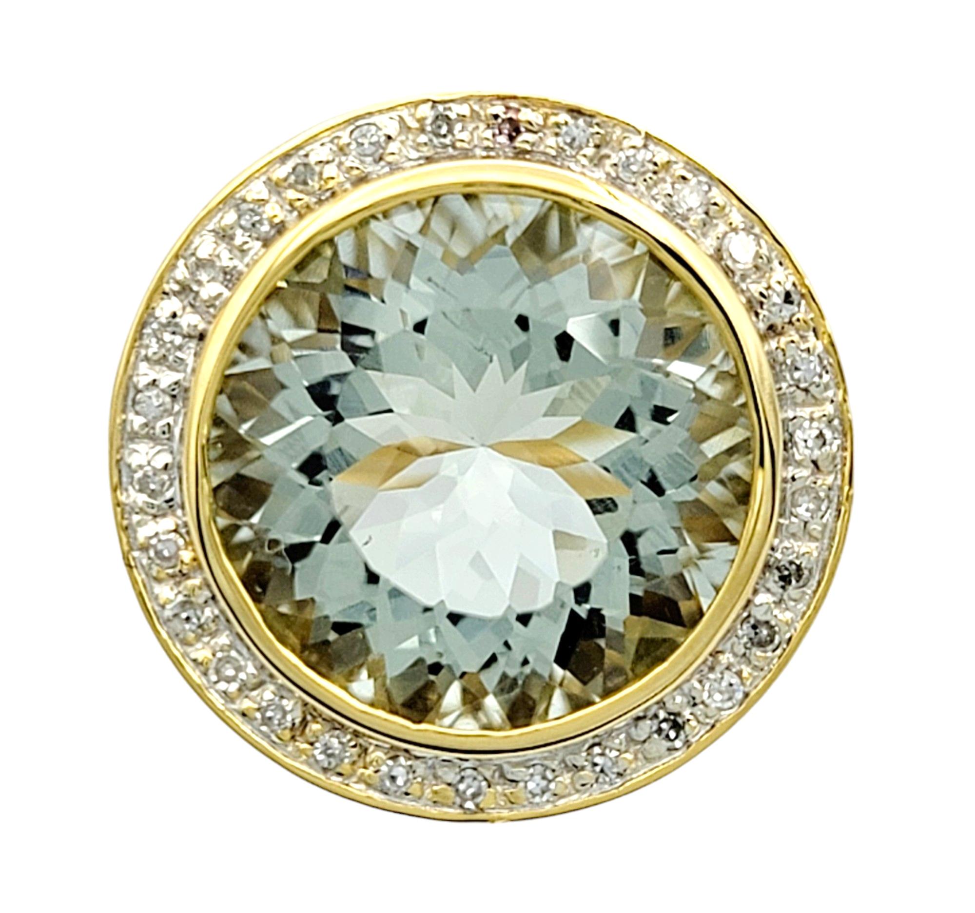 Contemporary Round Cut Prasiolite and Diamond Halo Cocktail Ring Set in 14 Karat Yellow Gold For Sale