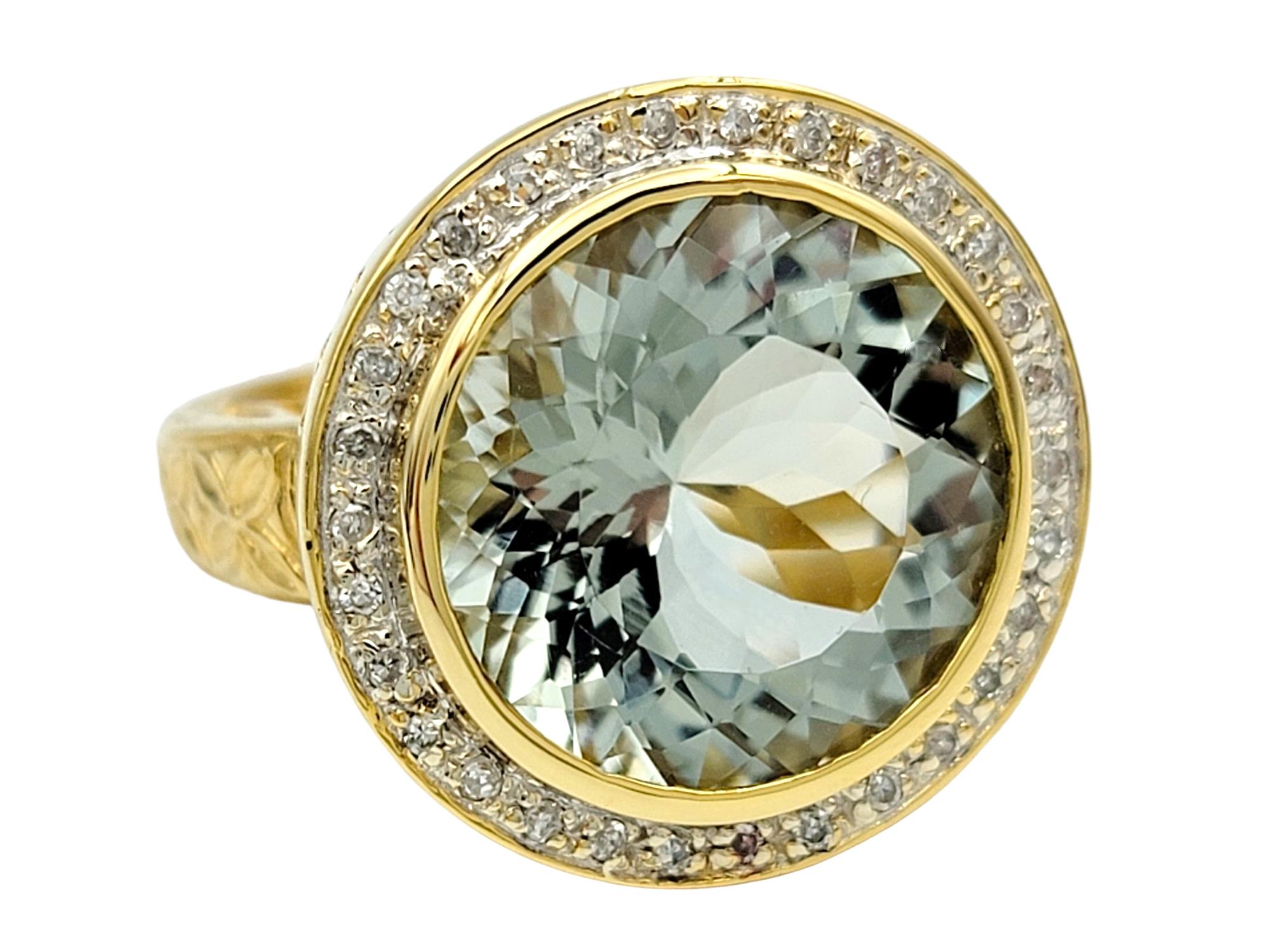 Round Cut Prasiolite and Diamond Halo Cocktail Ring Set in 14 Karat Yellow Gold In Good Condition For Sale In Scottsdale, AZ