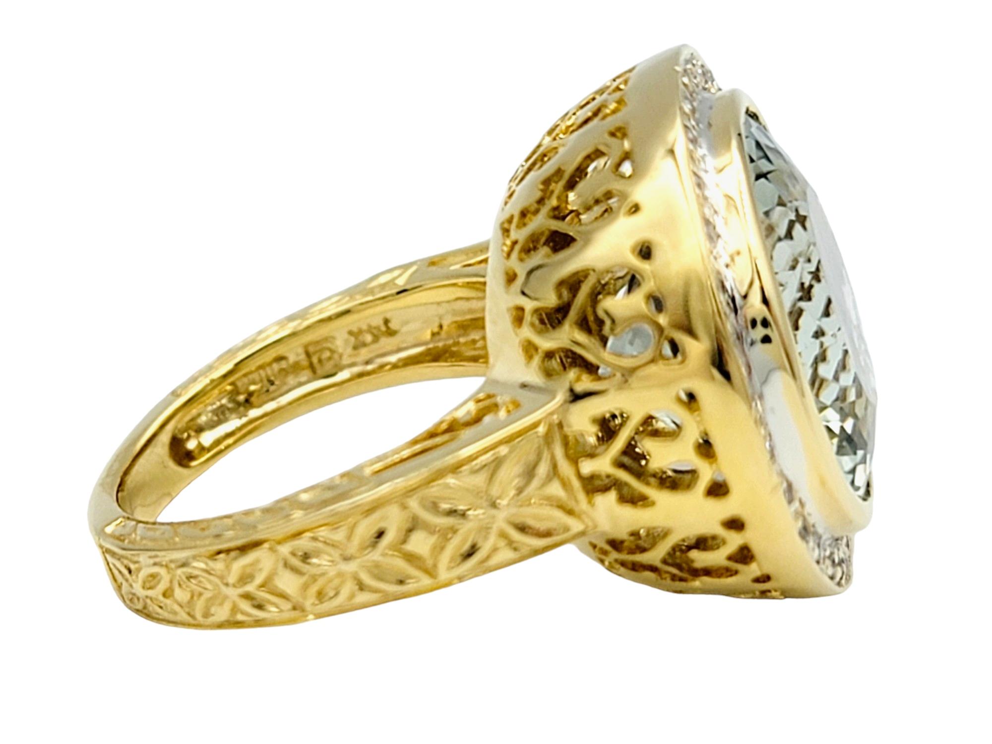 Women's Round Cut Prasiolite and Diamond Halo Cocktail Ring Set in 14 Karat Yellow Gold For Sale
