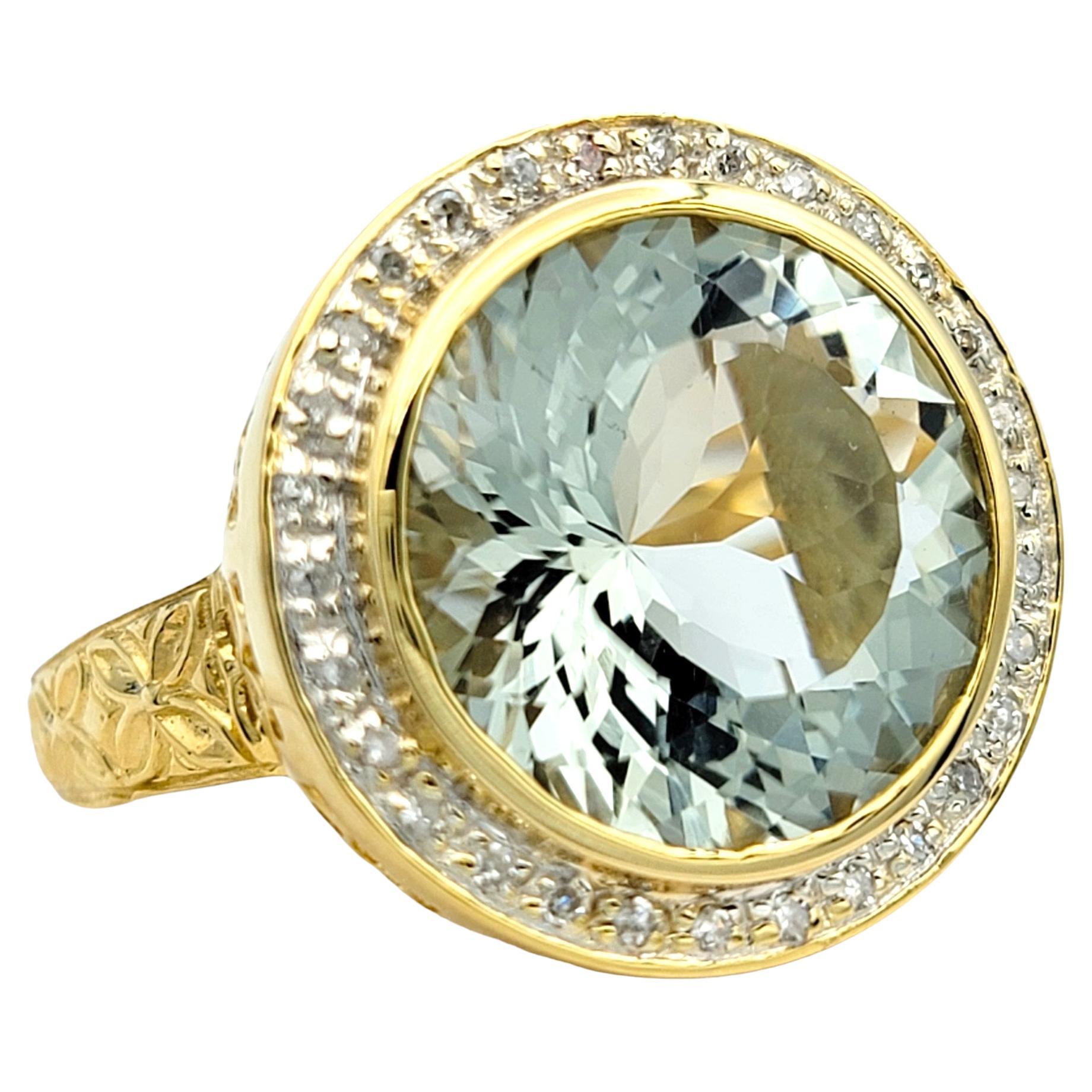 Round Cut Prasiolite and Diamond Halo Cocktail Ring Set in 14 Karat Yellow Gold For Sale