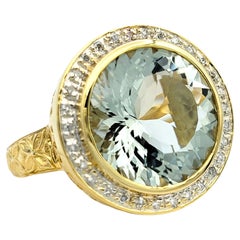 Vintage Round Cut Prasiolite and Diamond Halo Cocktail Ring Set in 14 Karat Yellow Gold