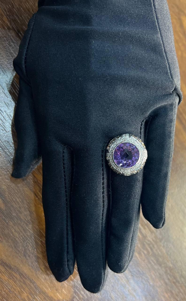 Round Cut Purple Violet Amethyst White Diamond Accent Halo 14K White Gold Ring For Sale 6