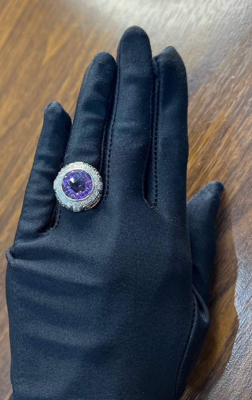 Round Cut Purple Violet Amethyst White Diamond Accent Halo 14K White Gold Ring For Sale 7