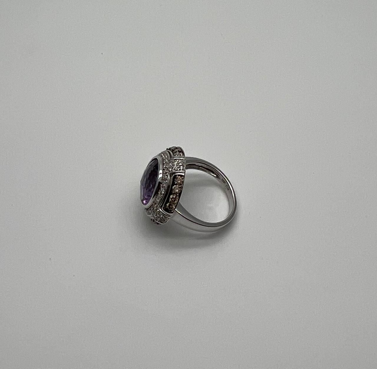 Round Cut Purple Violet Amethyst White Diamond Accent Halo 14K White Gold Ring In New Condition For Sale In Oakton, VA