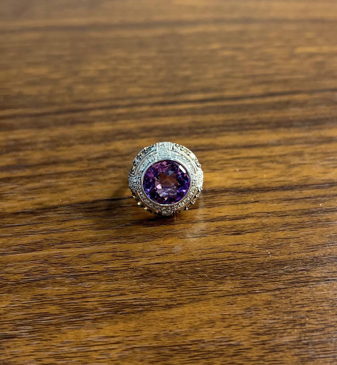 Round Cut Purple Violet Amethyst White Diamond Accent Halo 14K White Gold Ring For Sale 1