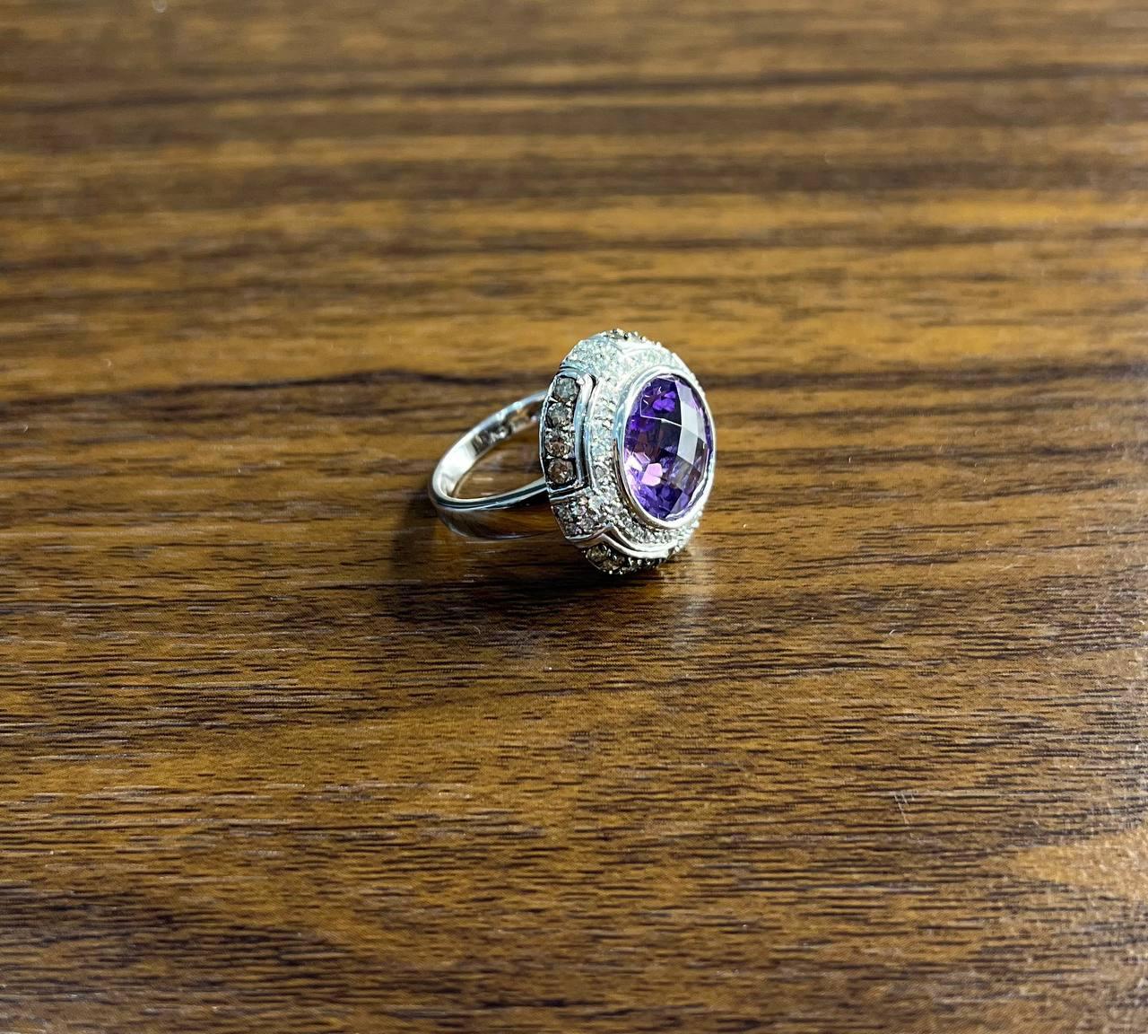 Round Cut Purple Violet Amethyst White Diamond Accent Halo 14K White Gold Ring For Sale 2