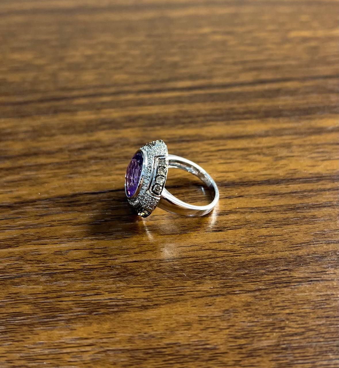 Round Cut Purple Violet Amethyst White Diamond Accent Halo 14K White Gold Ring For Sale 3