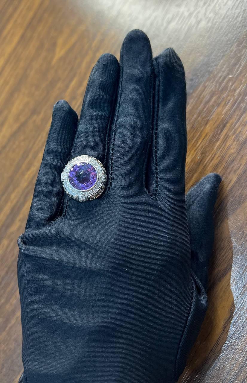 Round Cut Purple Violet Amethyst White Diamond Accent Halo 14K White Gold Ring For Sale 5